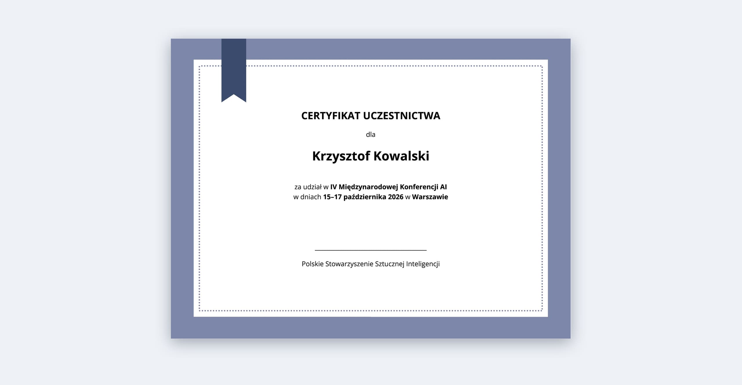 Przykładowy certyfikat uczestnictwa (dane fikcyjne)