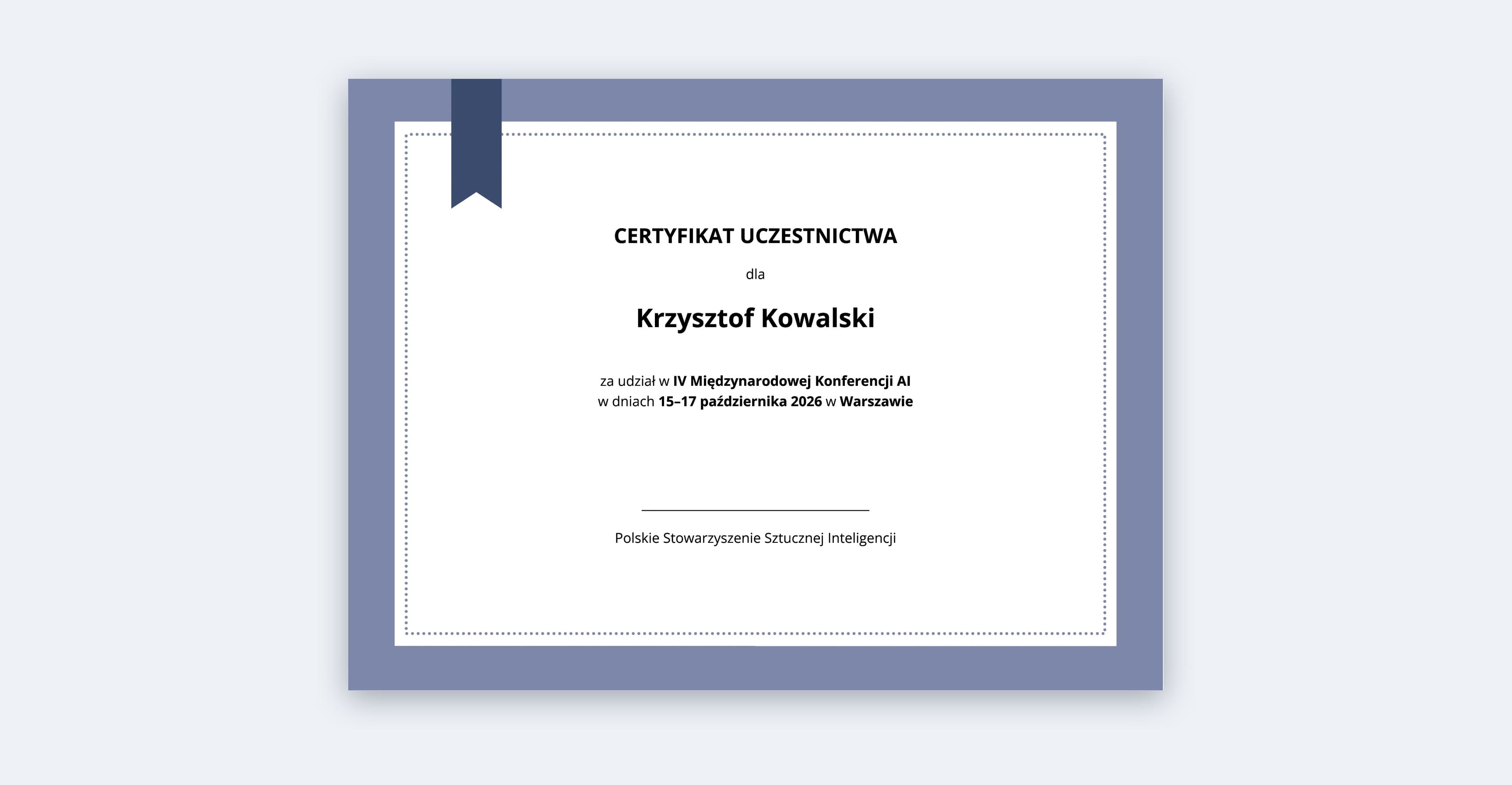 Przykładowy certyfikat uczestnictwa (dane fikcyjne)
