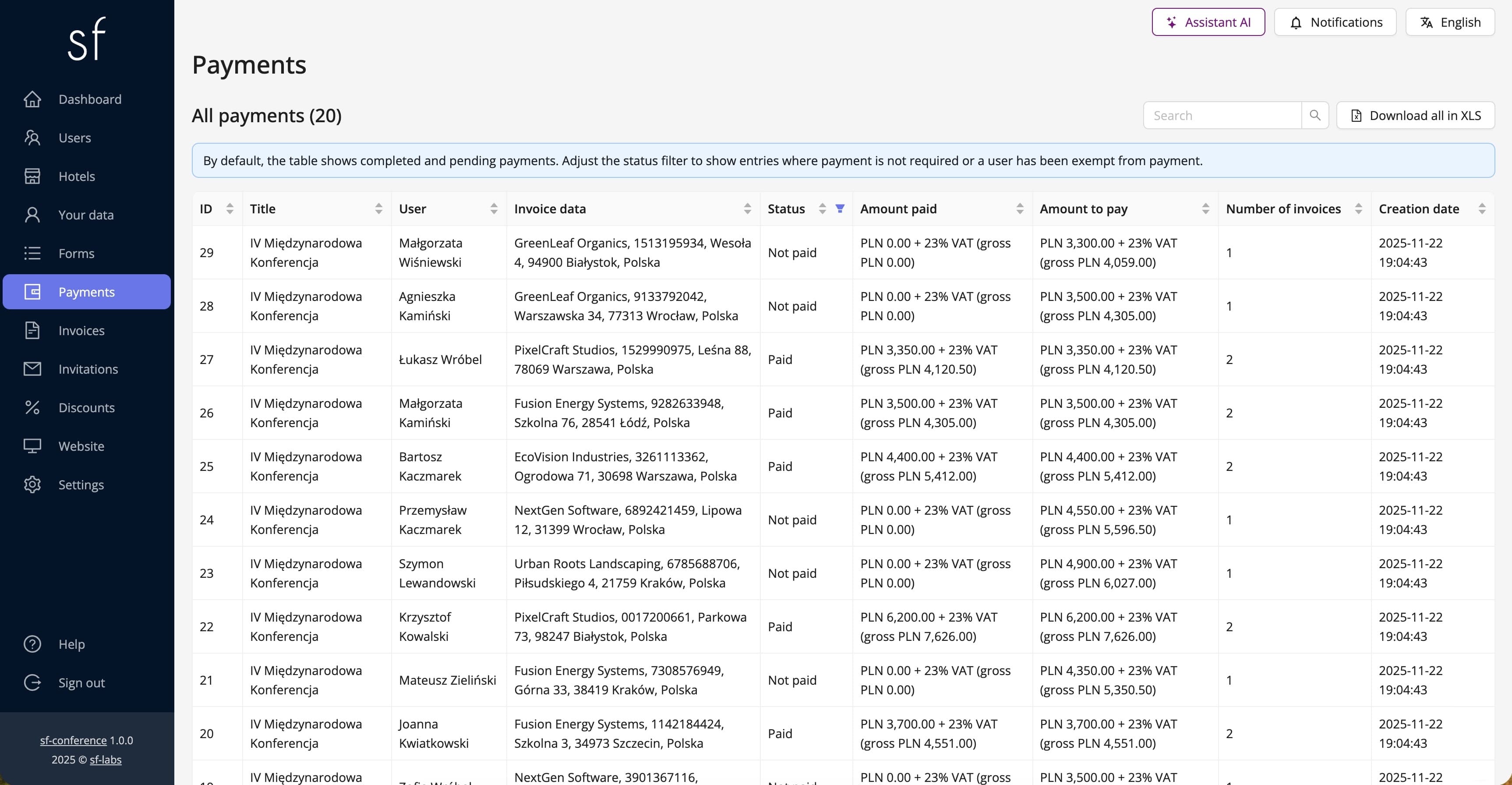 Sample payments table (fictional data)