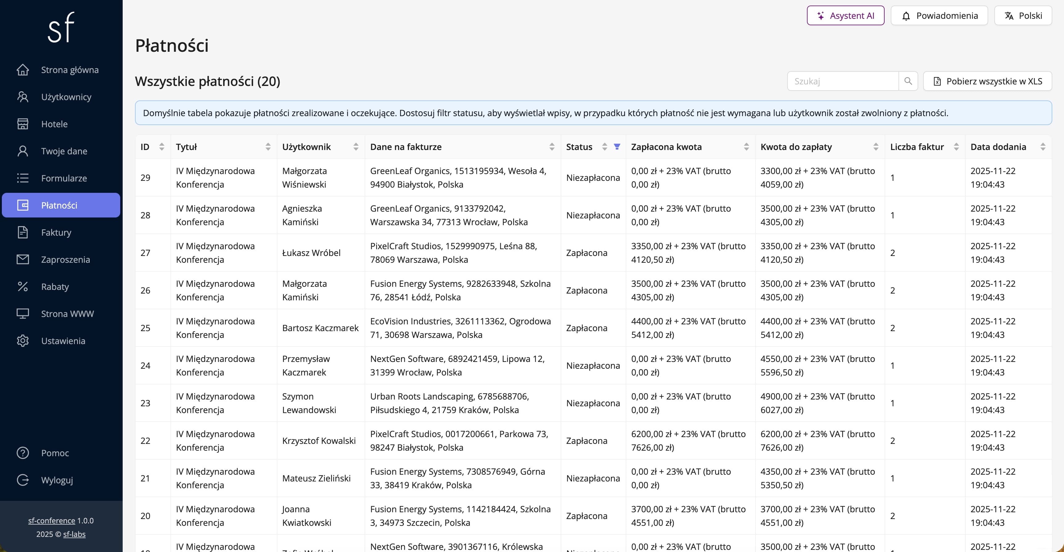 Przykładowa tabela z płatnościami (dane fikcyjne)