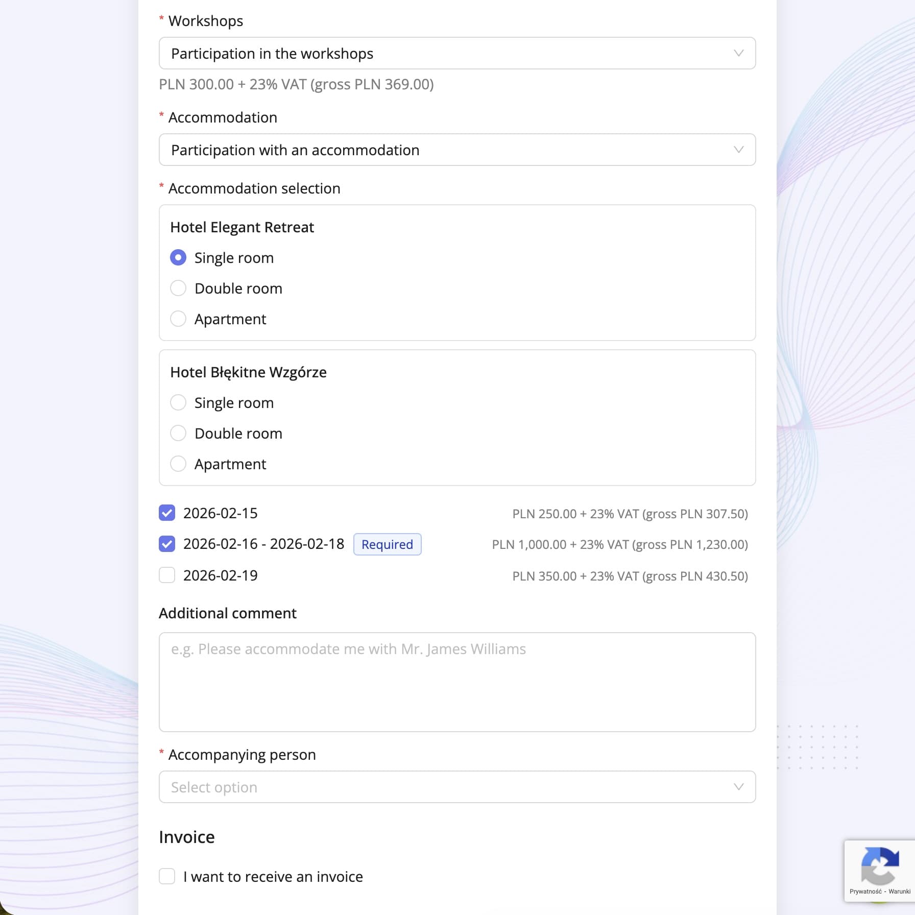 Accommodation selection section on the registration form