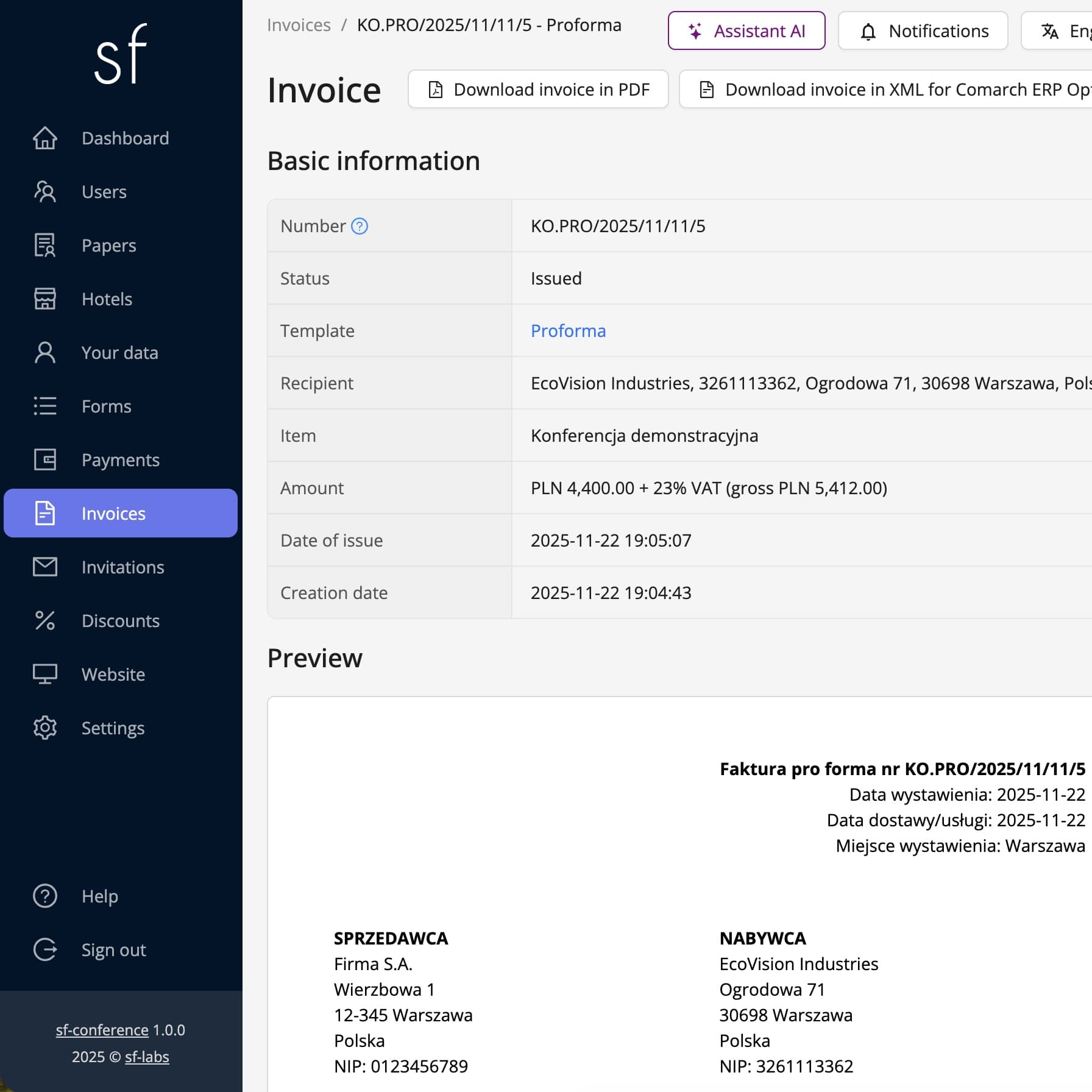 Invoice details page (fictitious data)