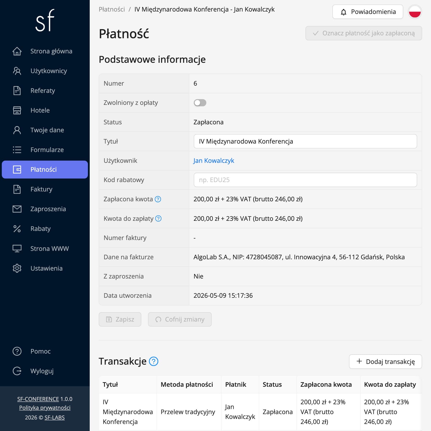 Strona główna panelu uczestnika po zalogowaniu (dane fikcyjne)