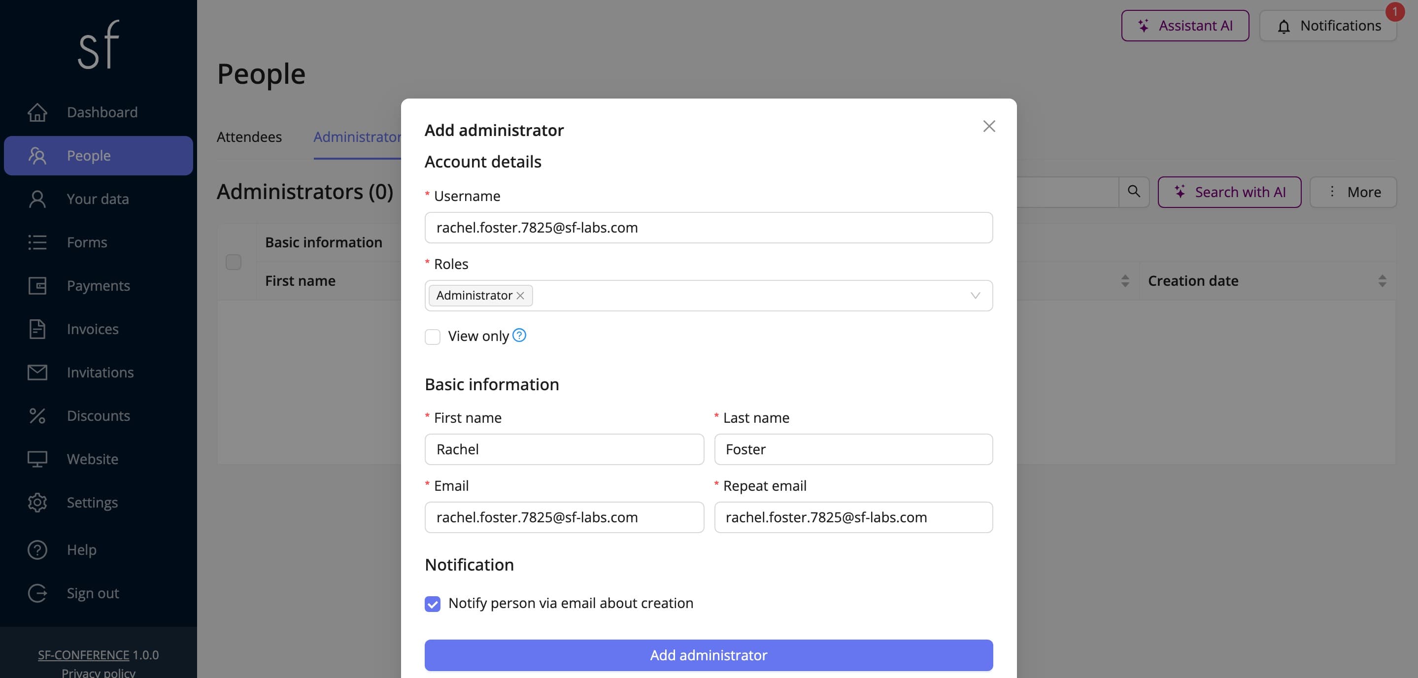 The add administrator form (fictitious data)