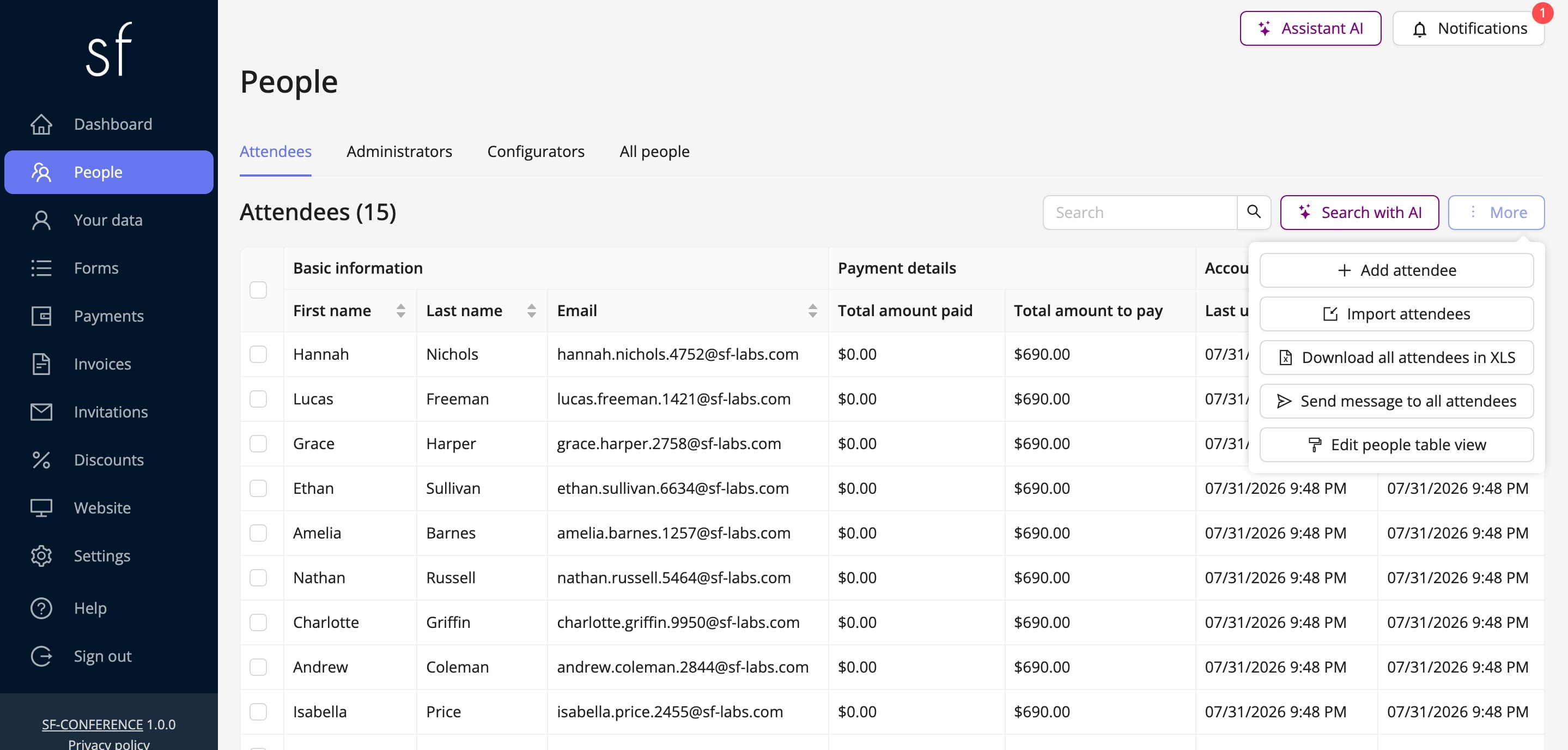 The "Add attendee" action in the organizer panel (fictitious data)