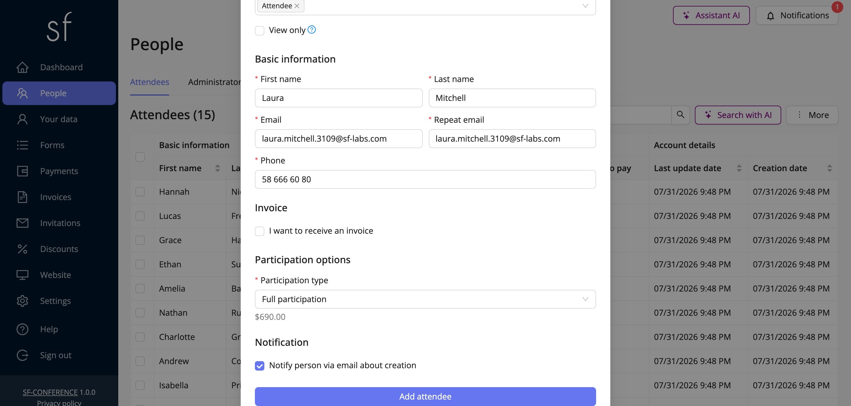 The partially filled new attendee form (fictitious data)