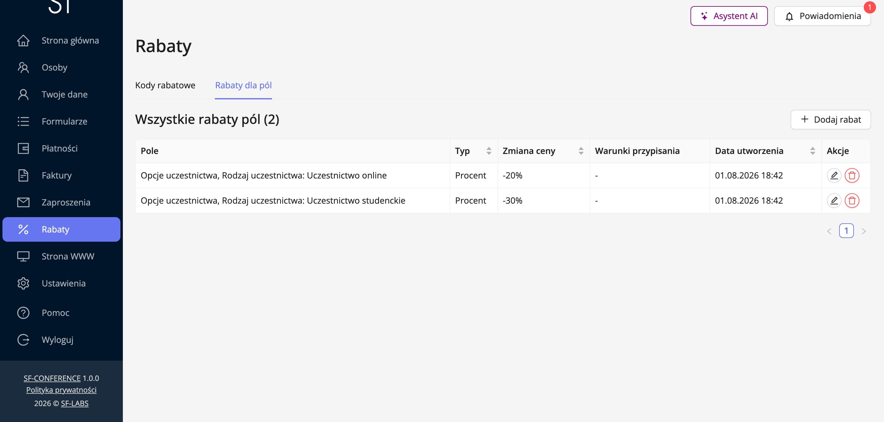 Zakładka Rabaty dla pól z rabatami przypisanymi do odpowiedzi (dane fikcyjne)