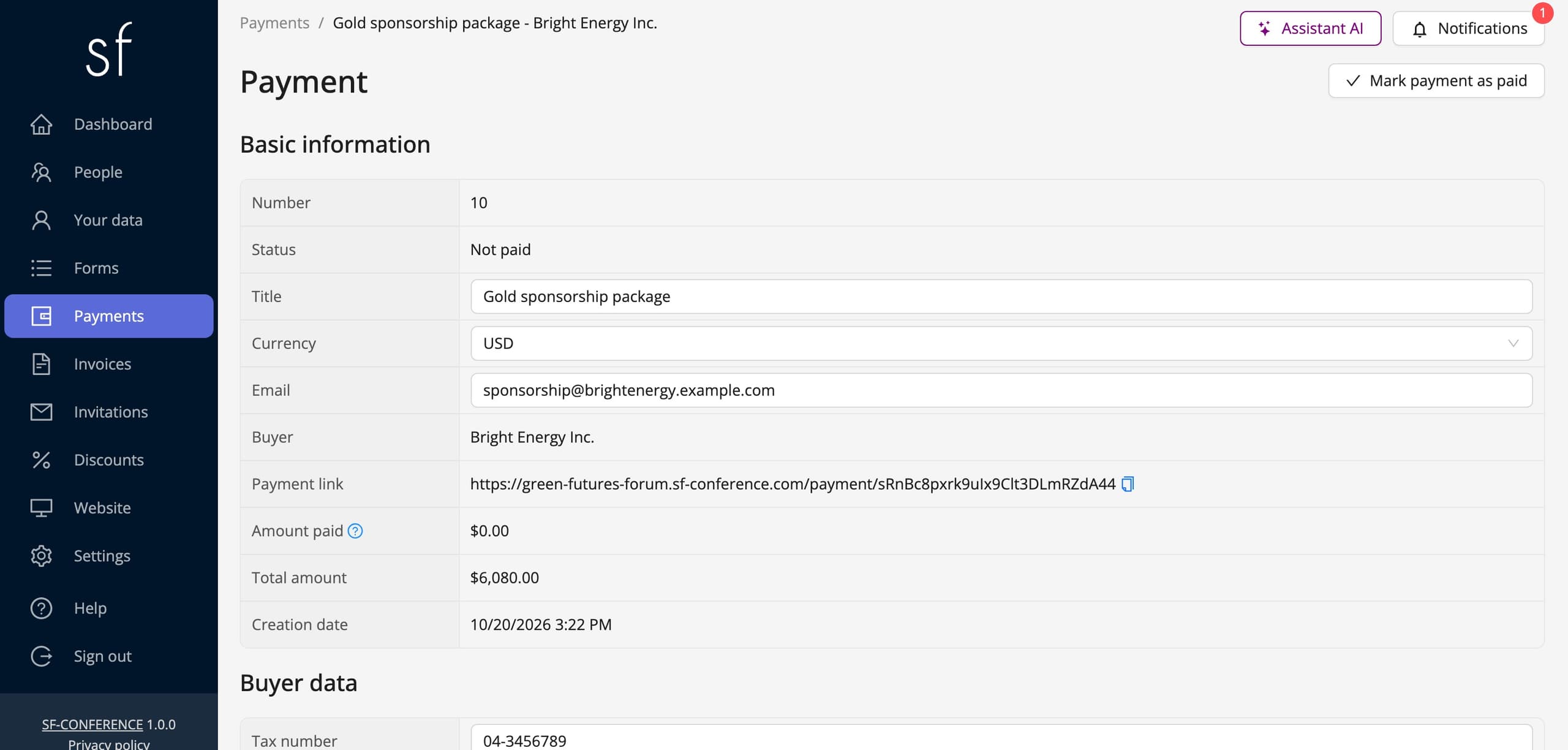 The payment page with the buyer and the payment link (sample data)