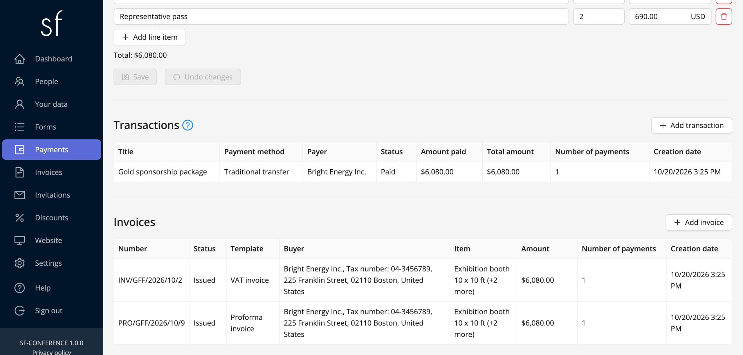 A proforma and an invoice issued for a sponsor payment (sample data)