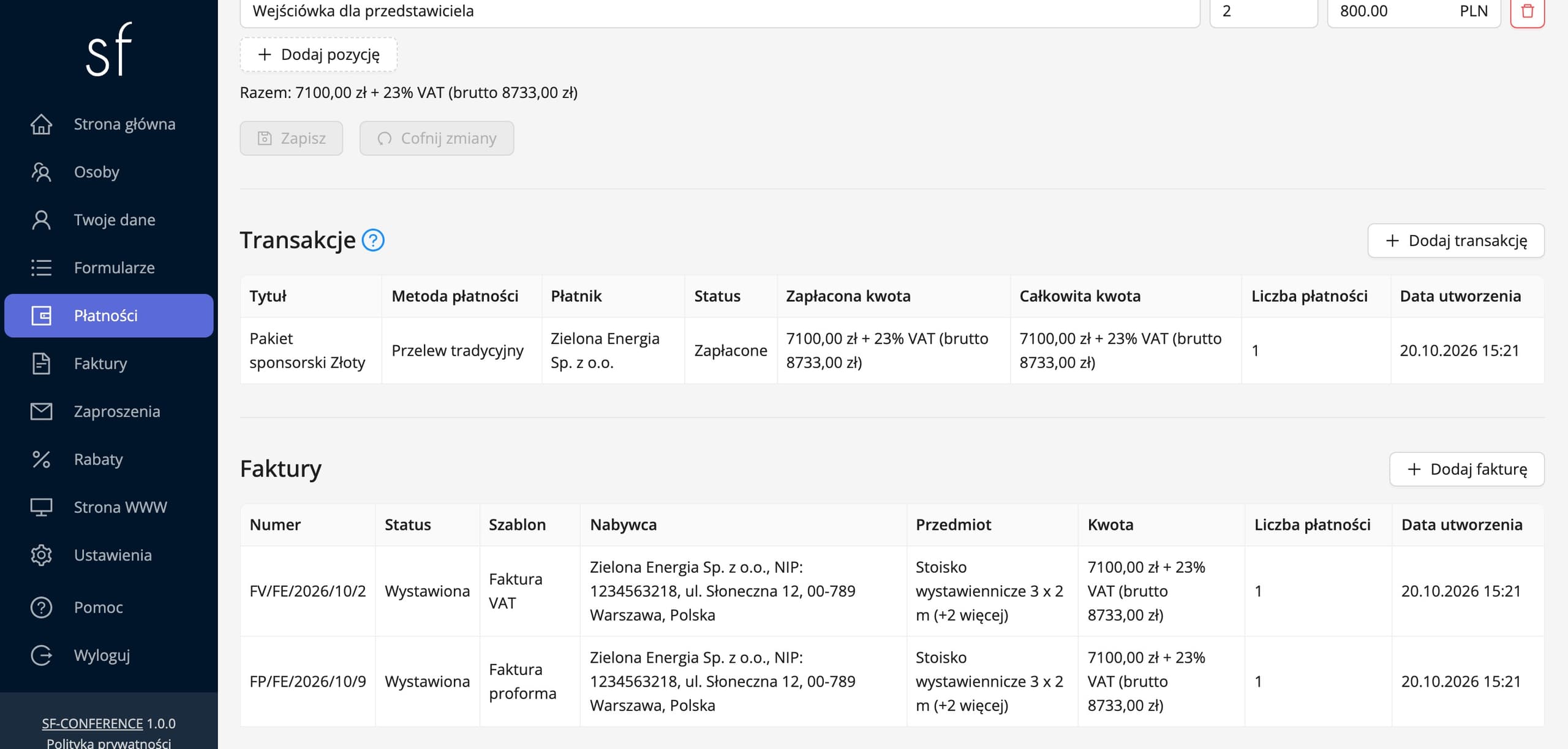 Proforma i faktura wystawione do płatności sponsora (dane fikcyjne)