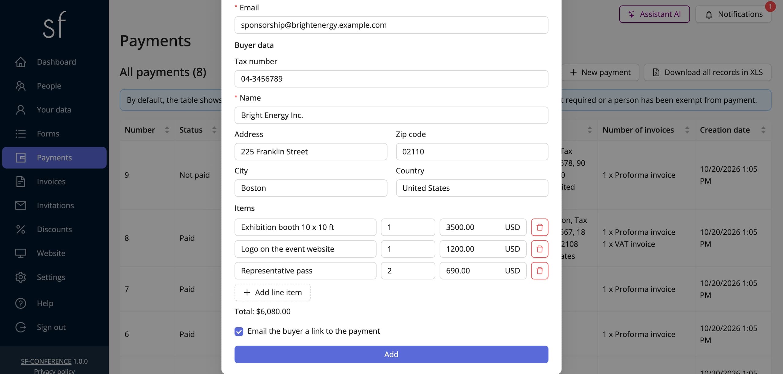 Payment line items and the email with the link for the buyer (sample data)