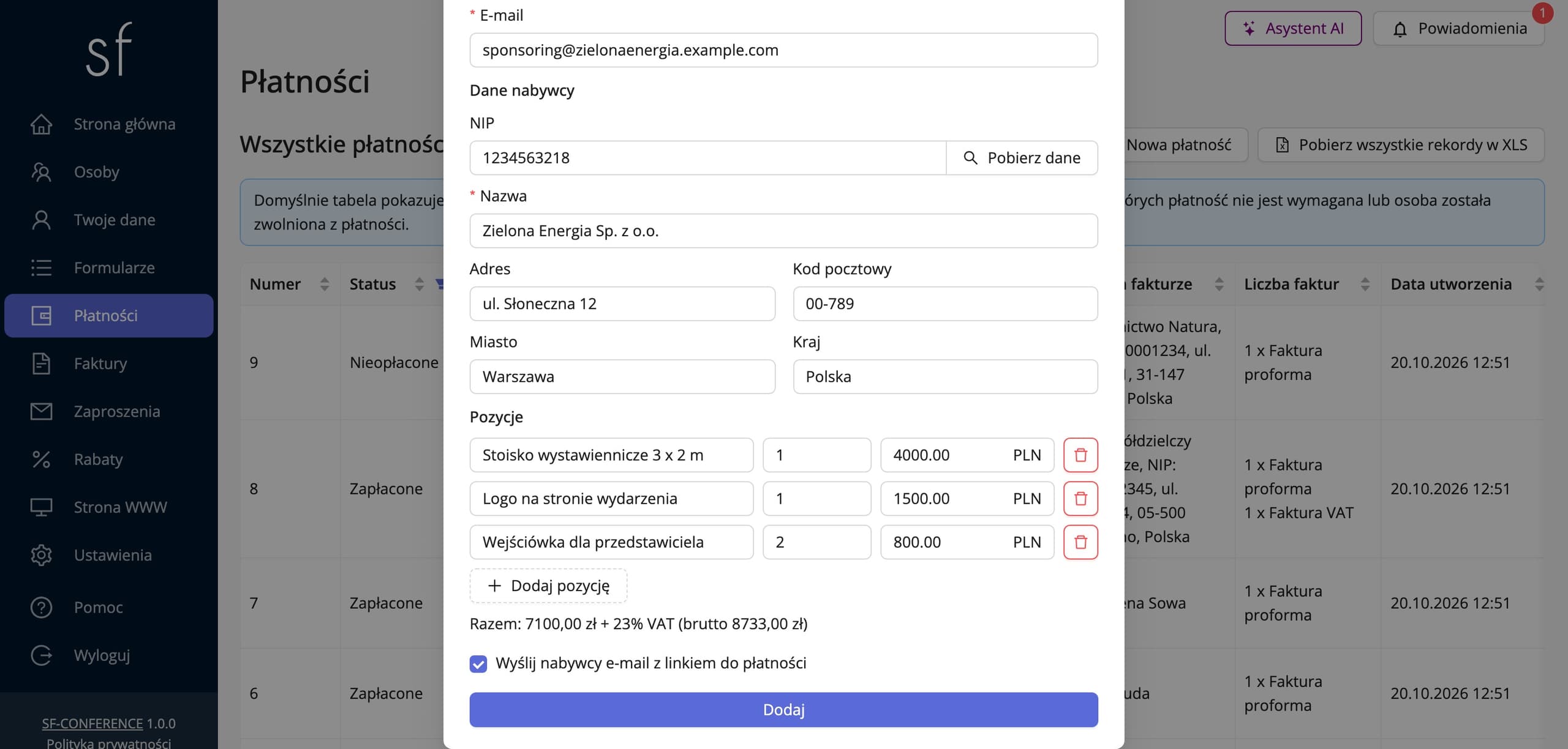 Pozycje płatności i e-mail z linkiem dla nabywcy (dane fikcyjne)