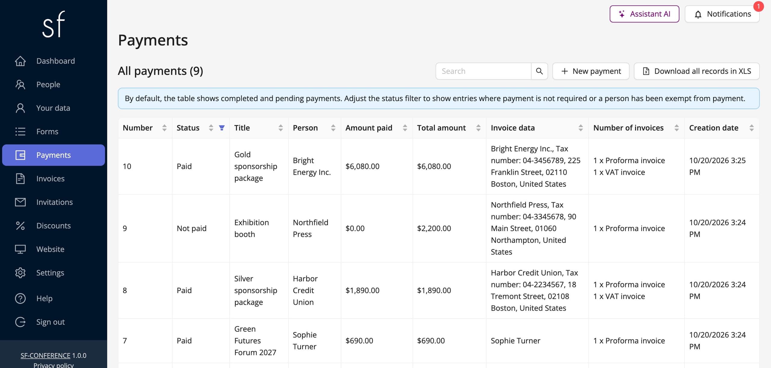 Sponsor payments in the payment list (sample data)