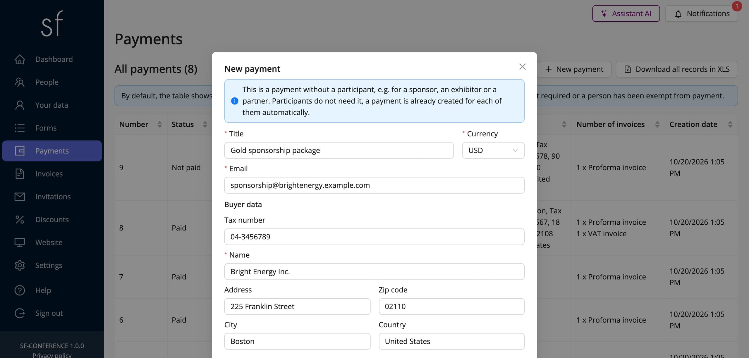 The new payment window with the buyer data (sample data)