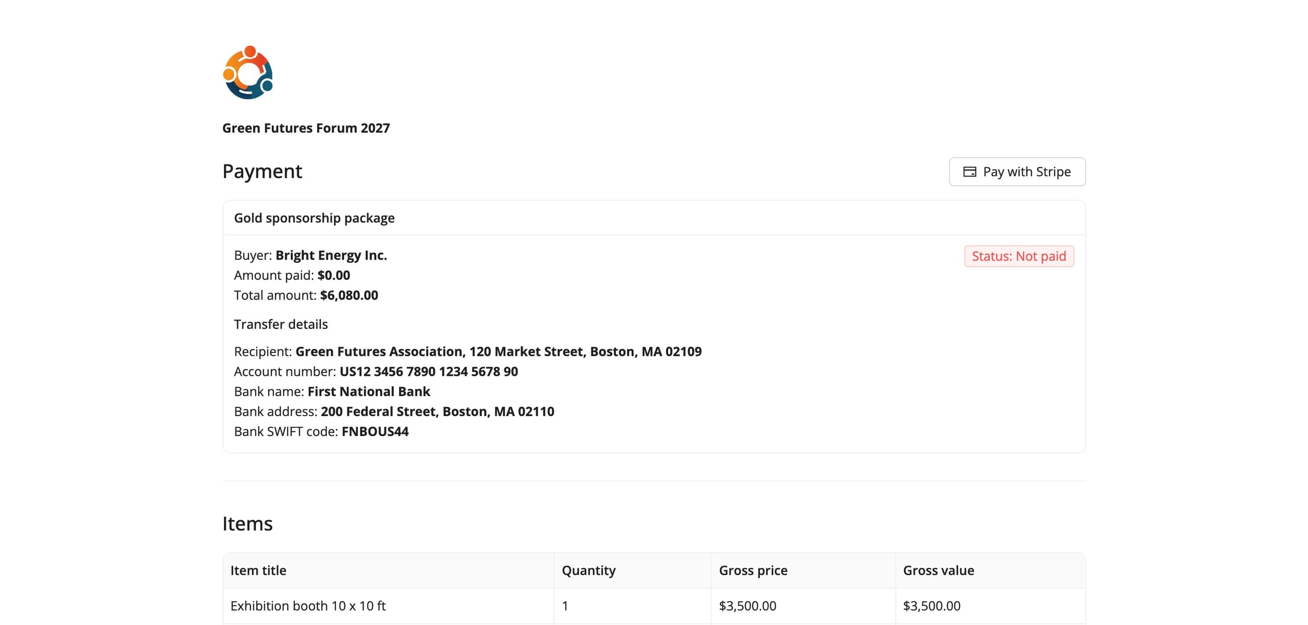 The payment page the buyer opens from the link (sample data)