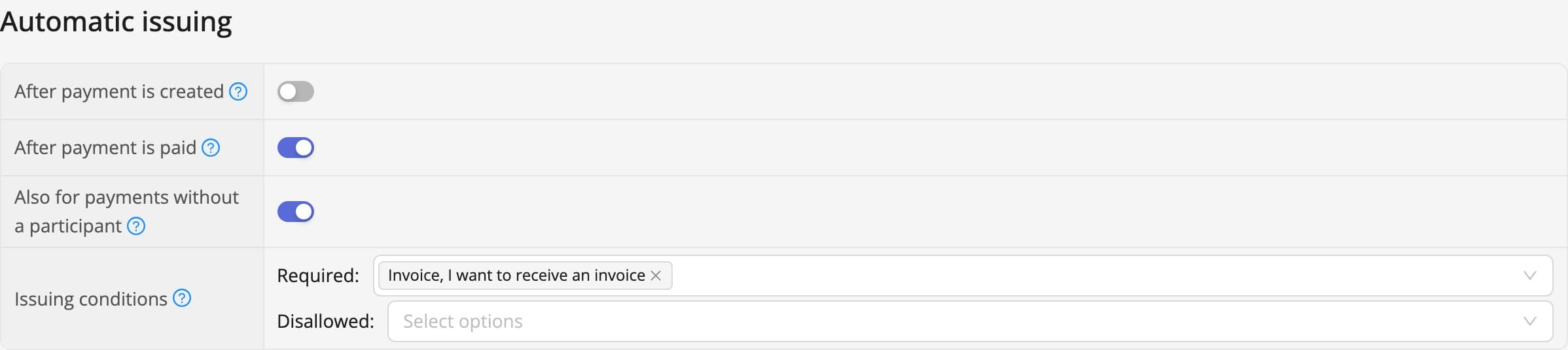 Automatic issuing in an invoice template, also for payments without a participant (sample data)