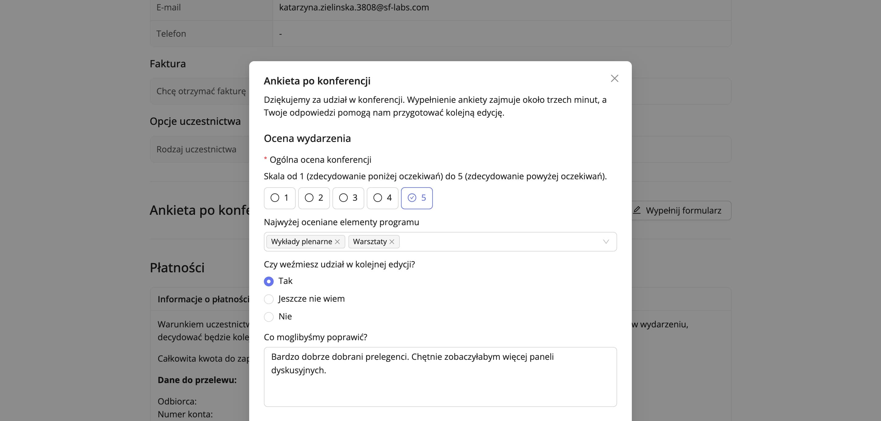 Okno wypełniania ankiety przez uczestnika (dane fikcyjne)