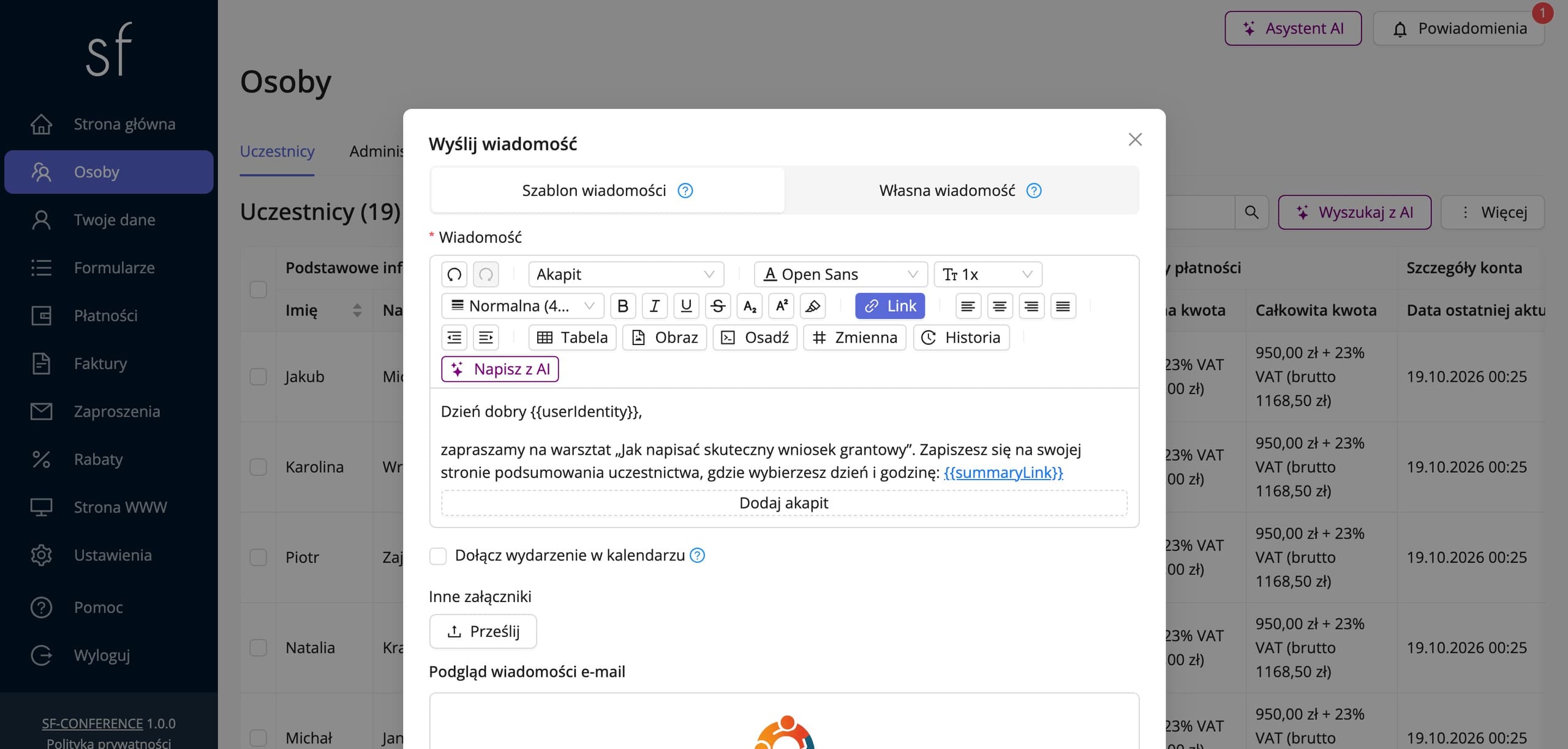 Wiadomość z linkiem do podsumowania uczestnictwa (dane fikcyjne)
