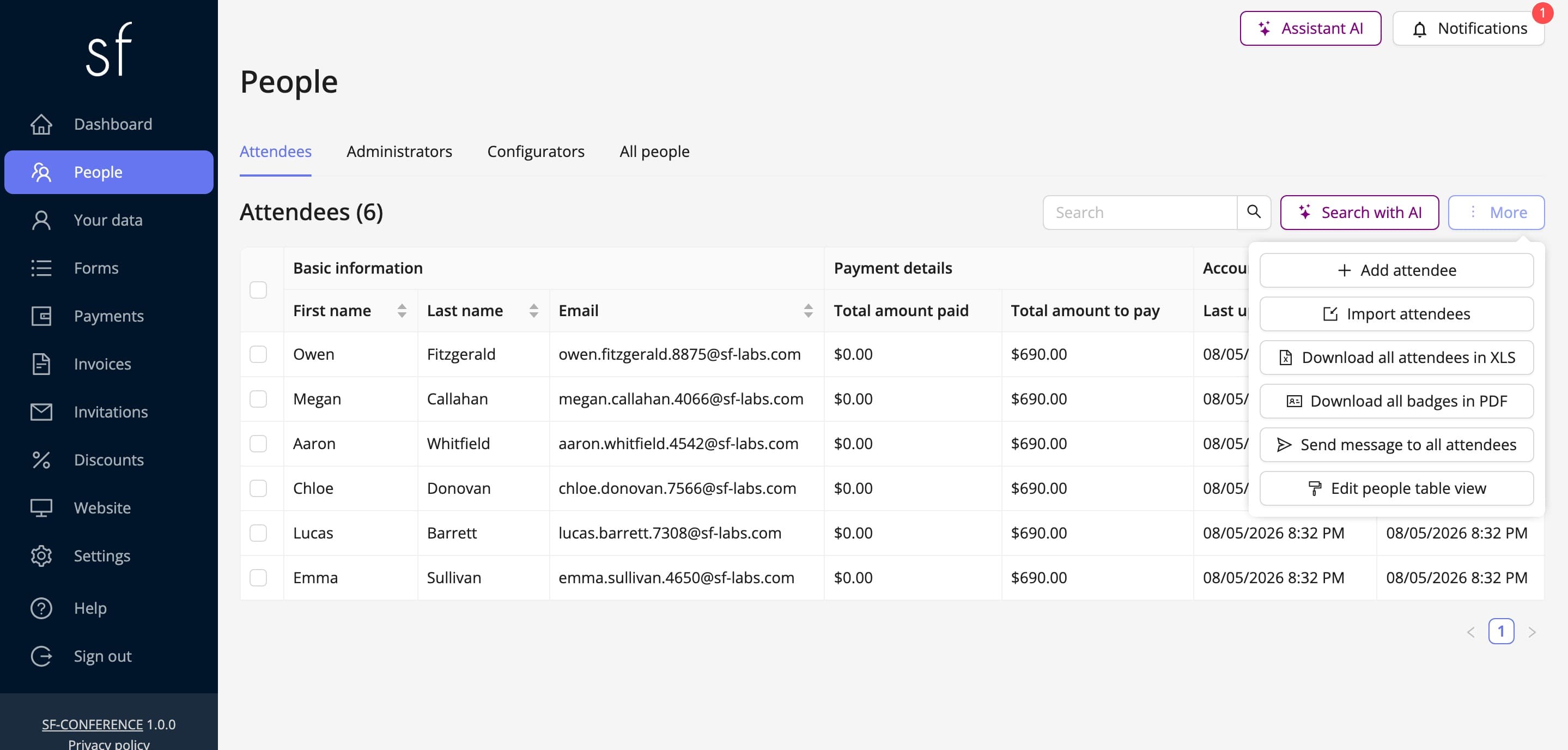 Downloading all badges in one PDF from the people list (fictional data)
