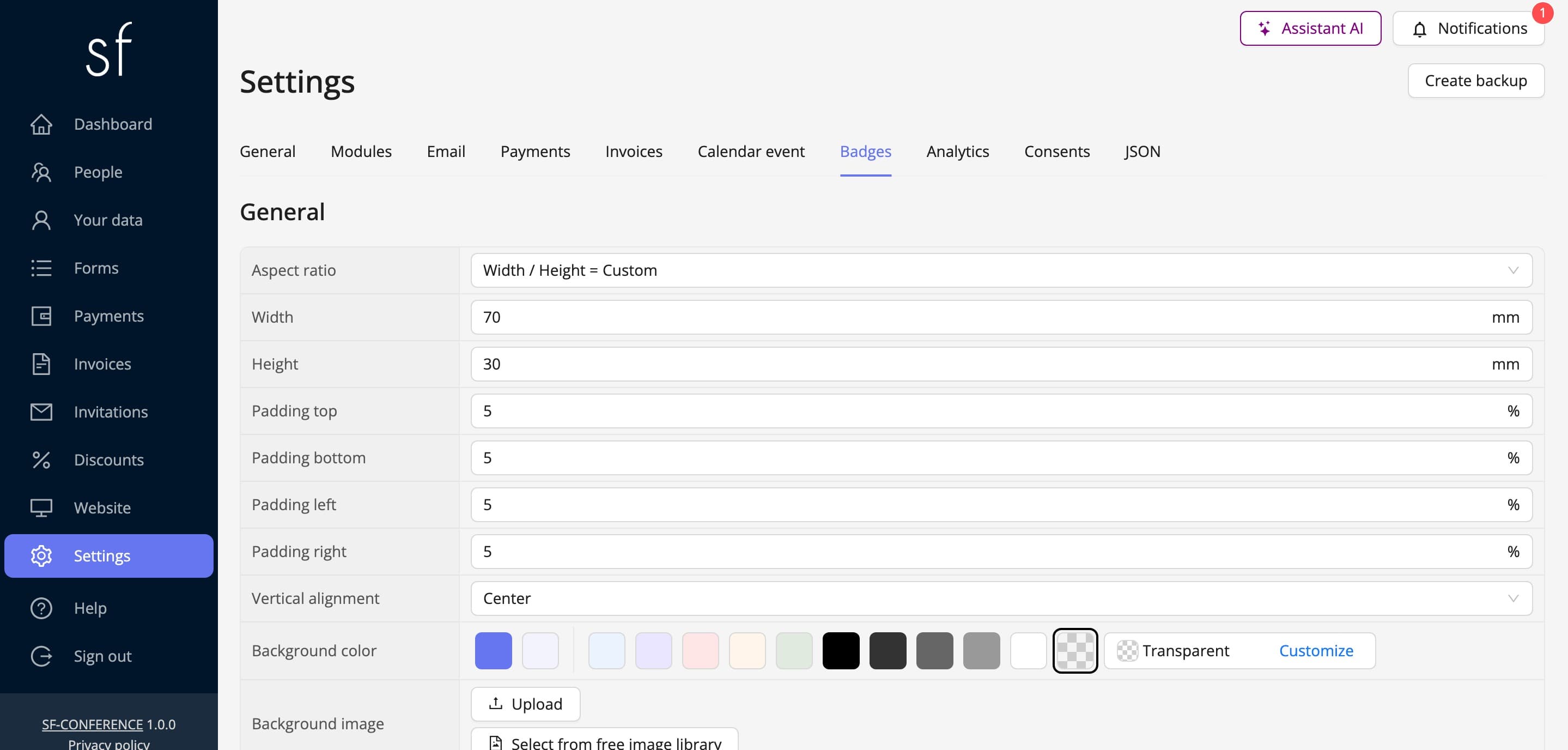 The badge format: dimensions, paddings and background (fictional data)