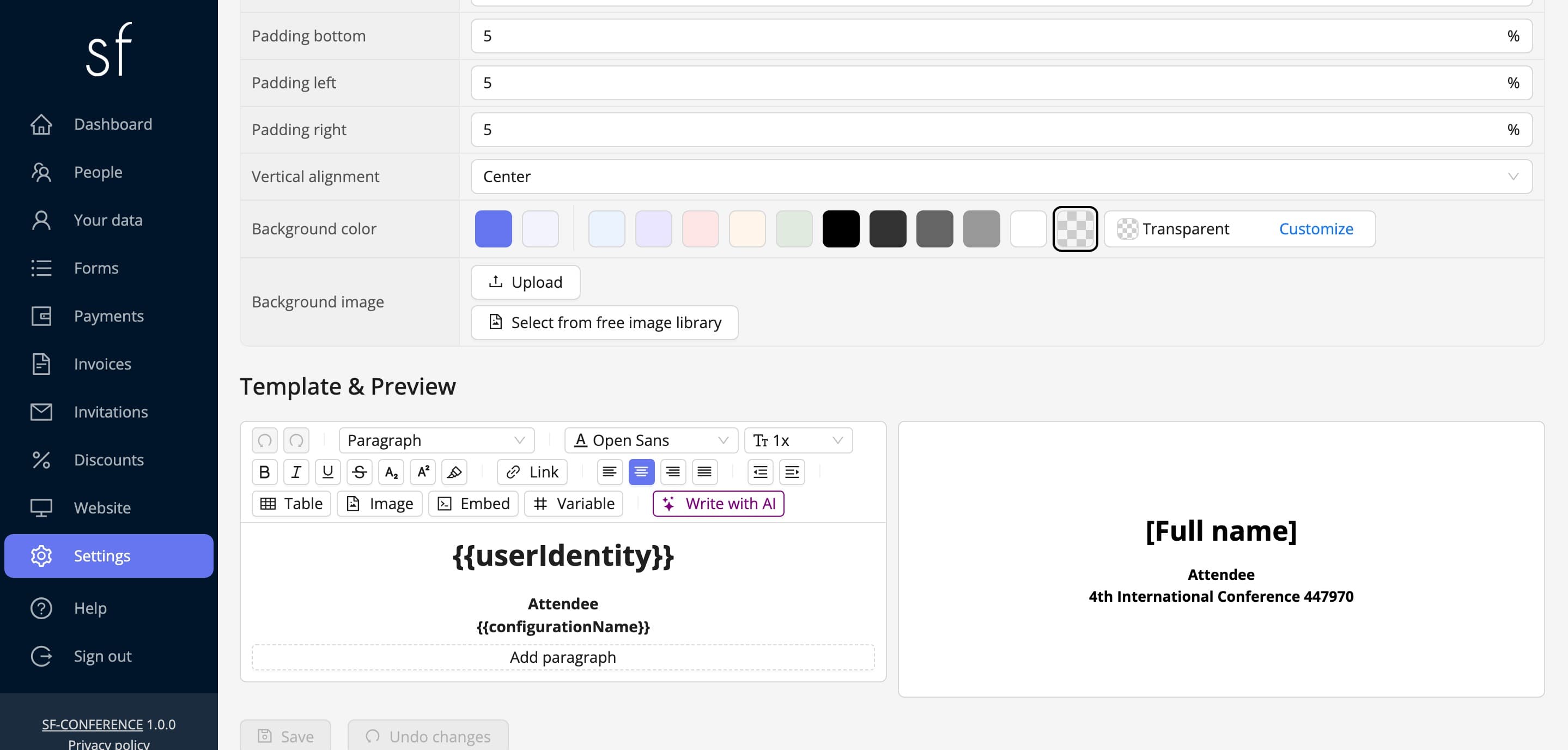 The badge template with its live preview (fictional data)