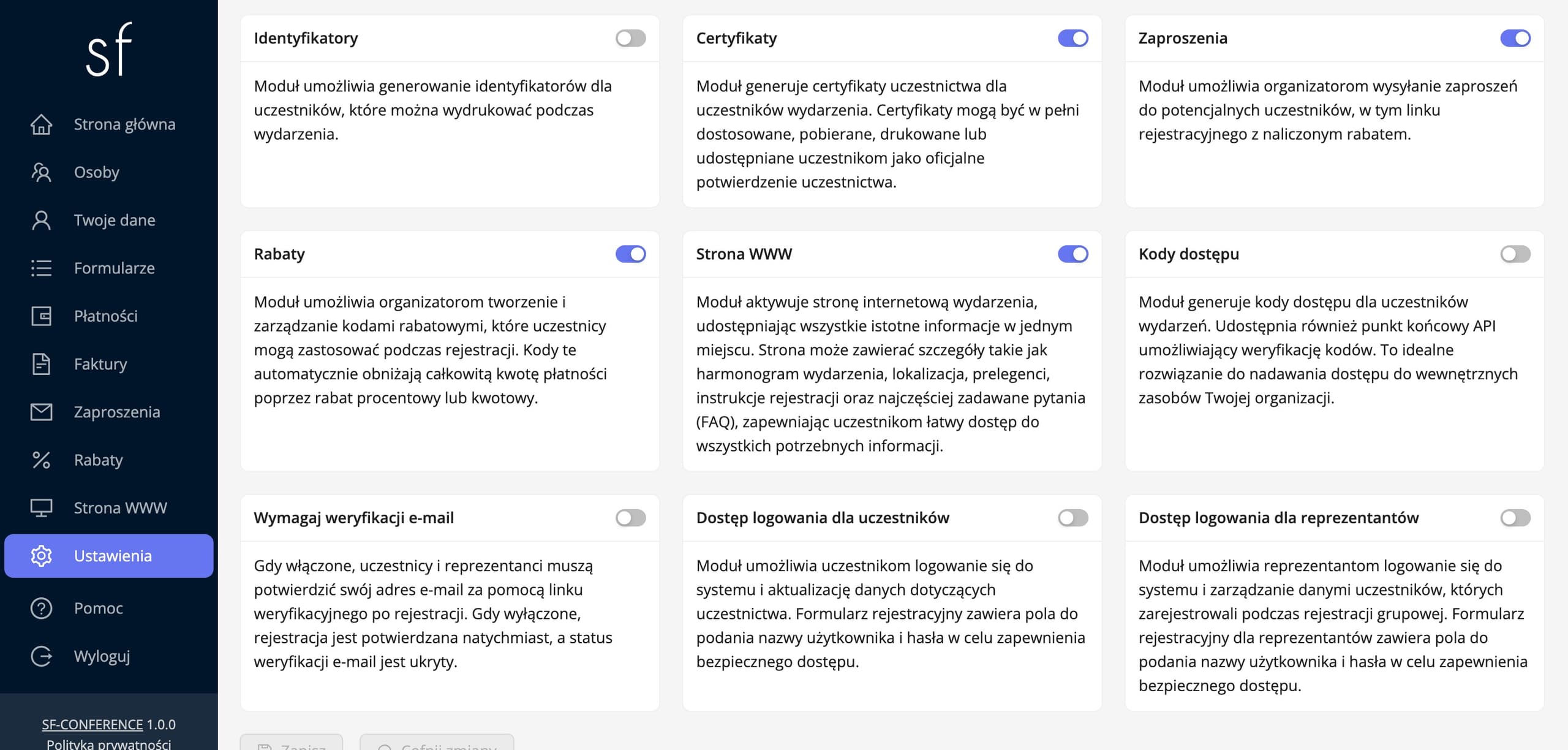 Karta modułu certyfikatów w zakładce Moduły (dane fikcyjne)