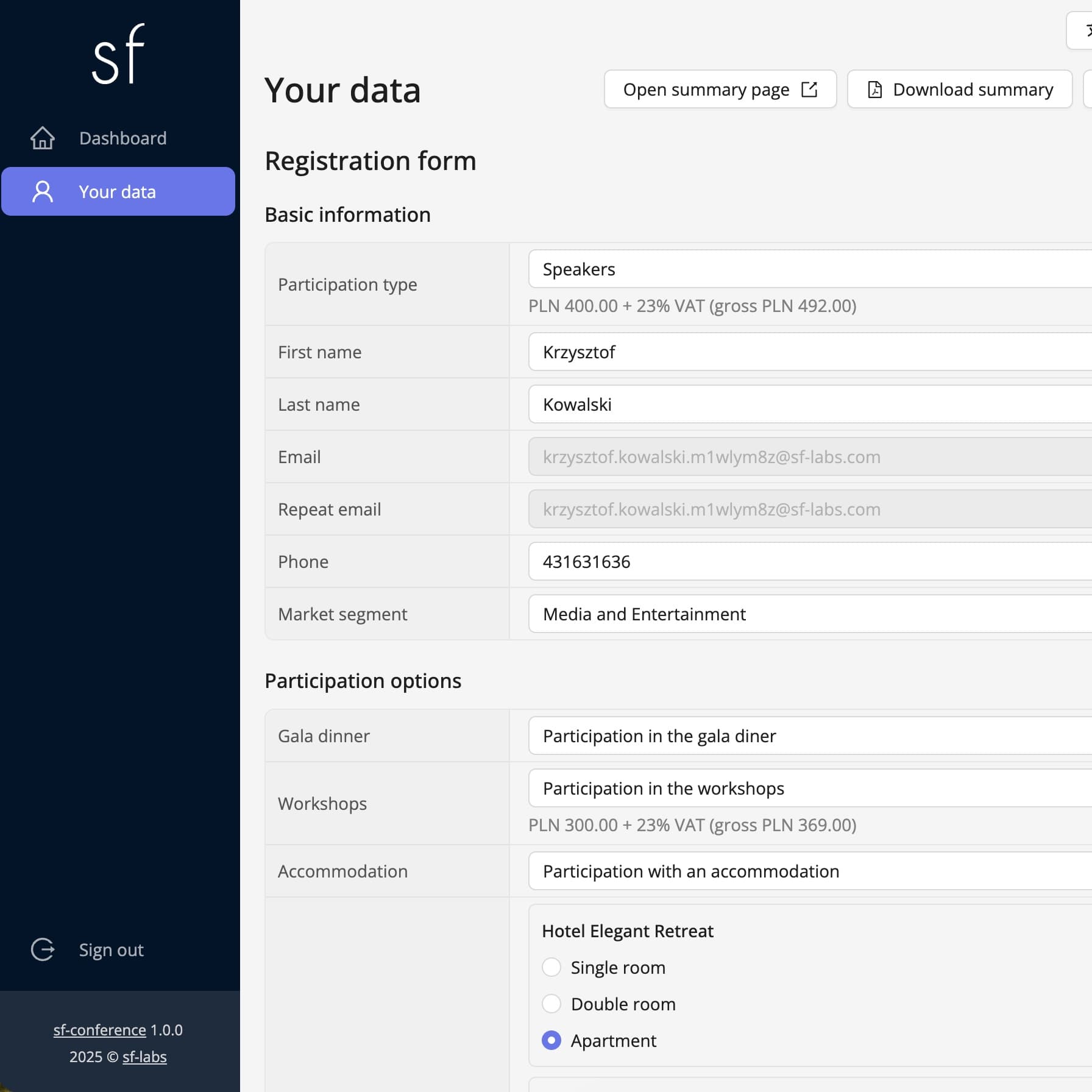 Participant profile page after logging in (fictitious data)