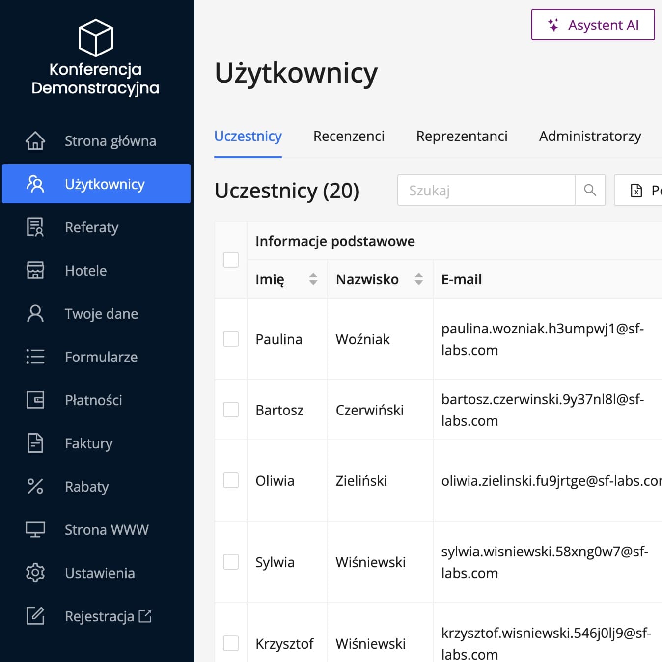 Tabela zarejestrowanych uczestników