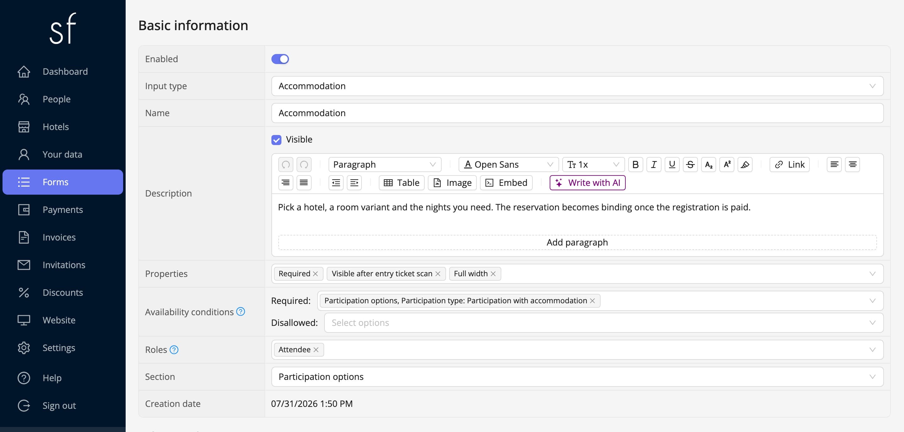 Accommodation field configuration in the organizer panel