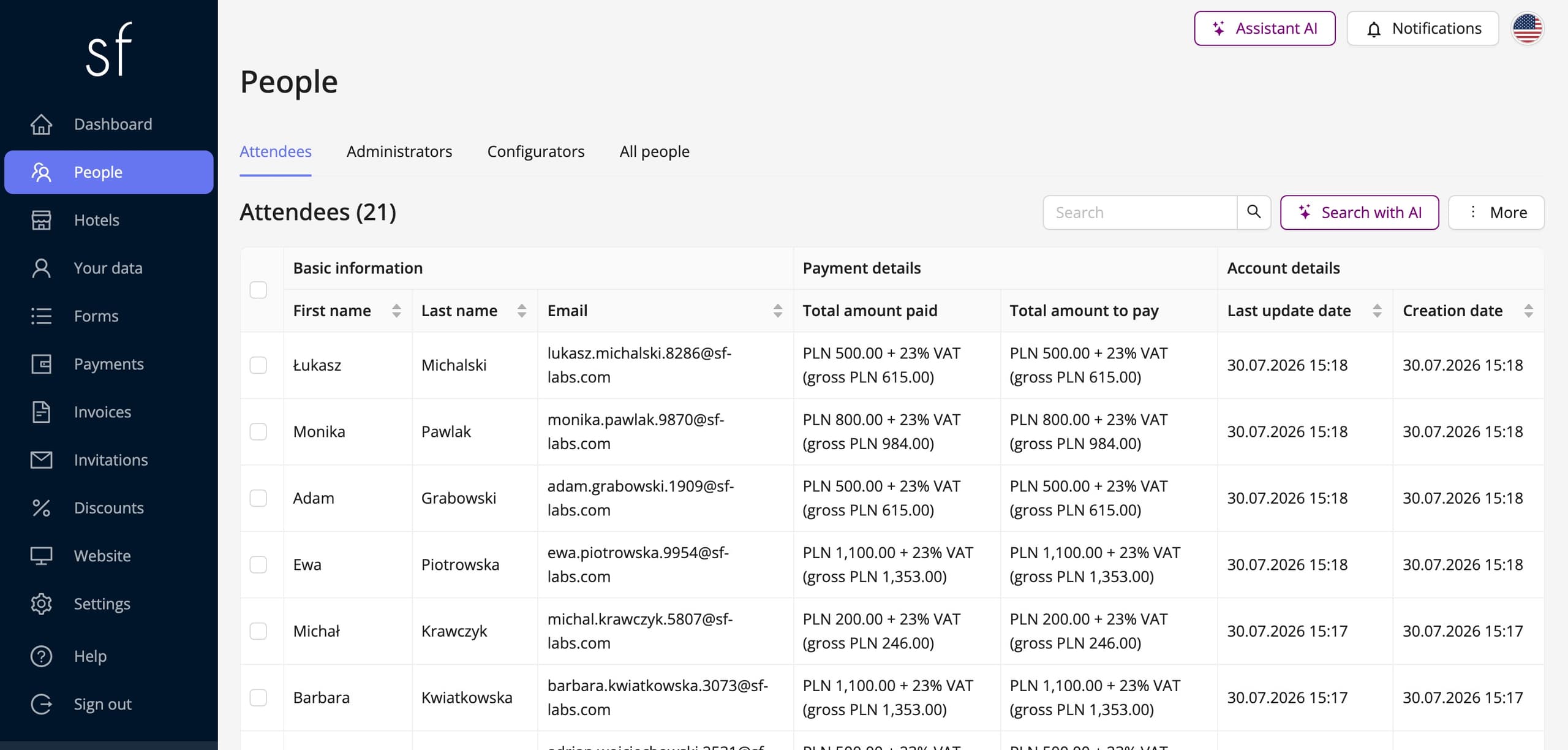 The attendee list with its filters and payment status (fictional data)