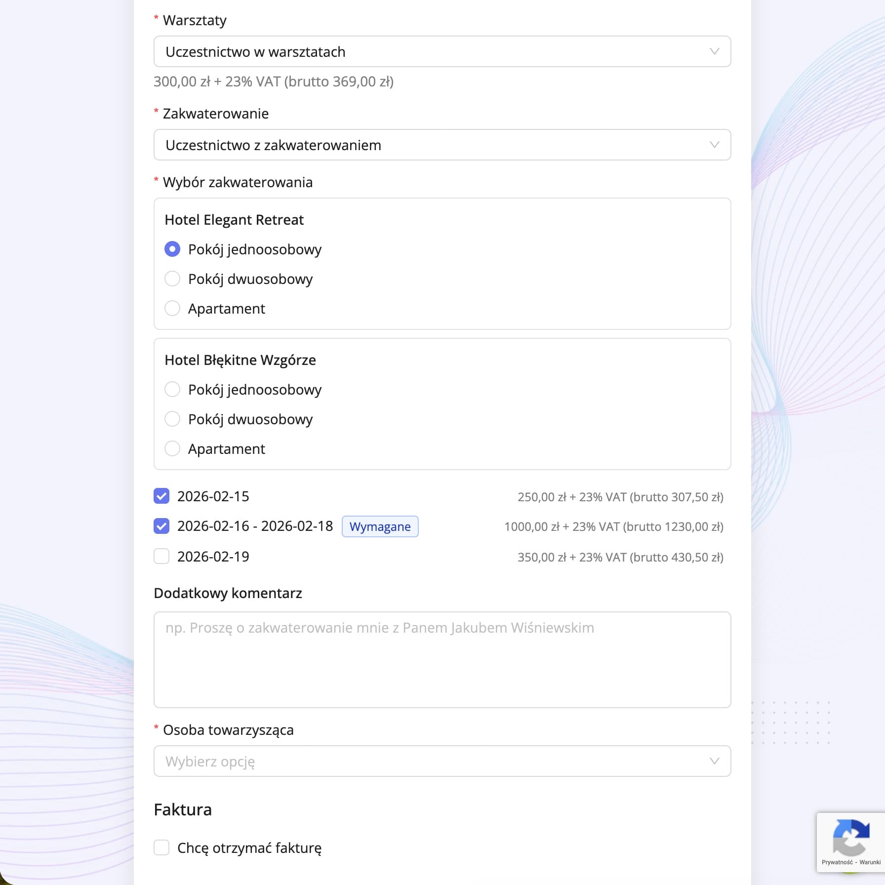 Sekcja z wyborem zakwaterowania na formularzu rejestracji