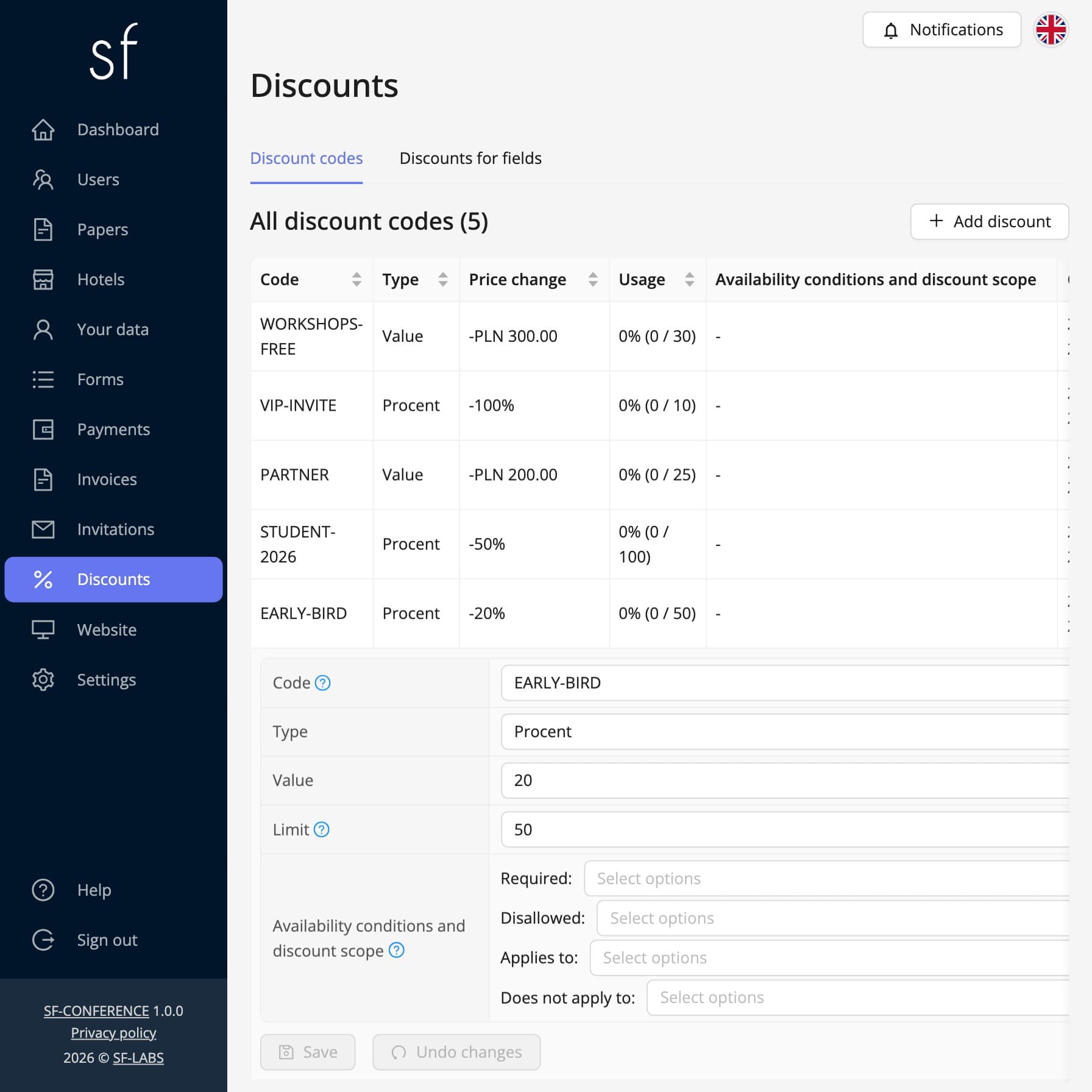 List of discount codes in the organizer panel (sample data)