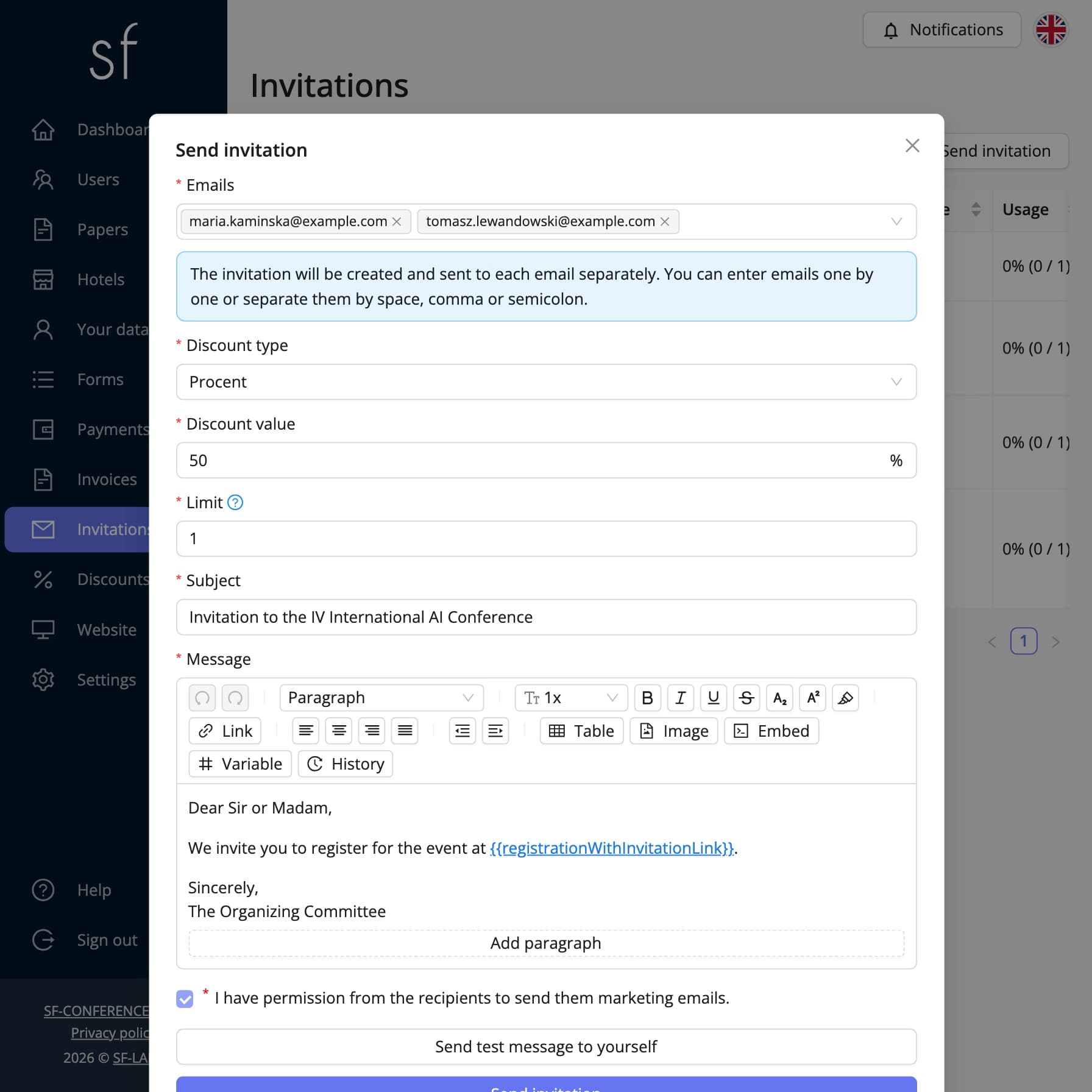 Send-invitation dialog with a dedicated discount (sample data)