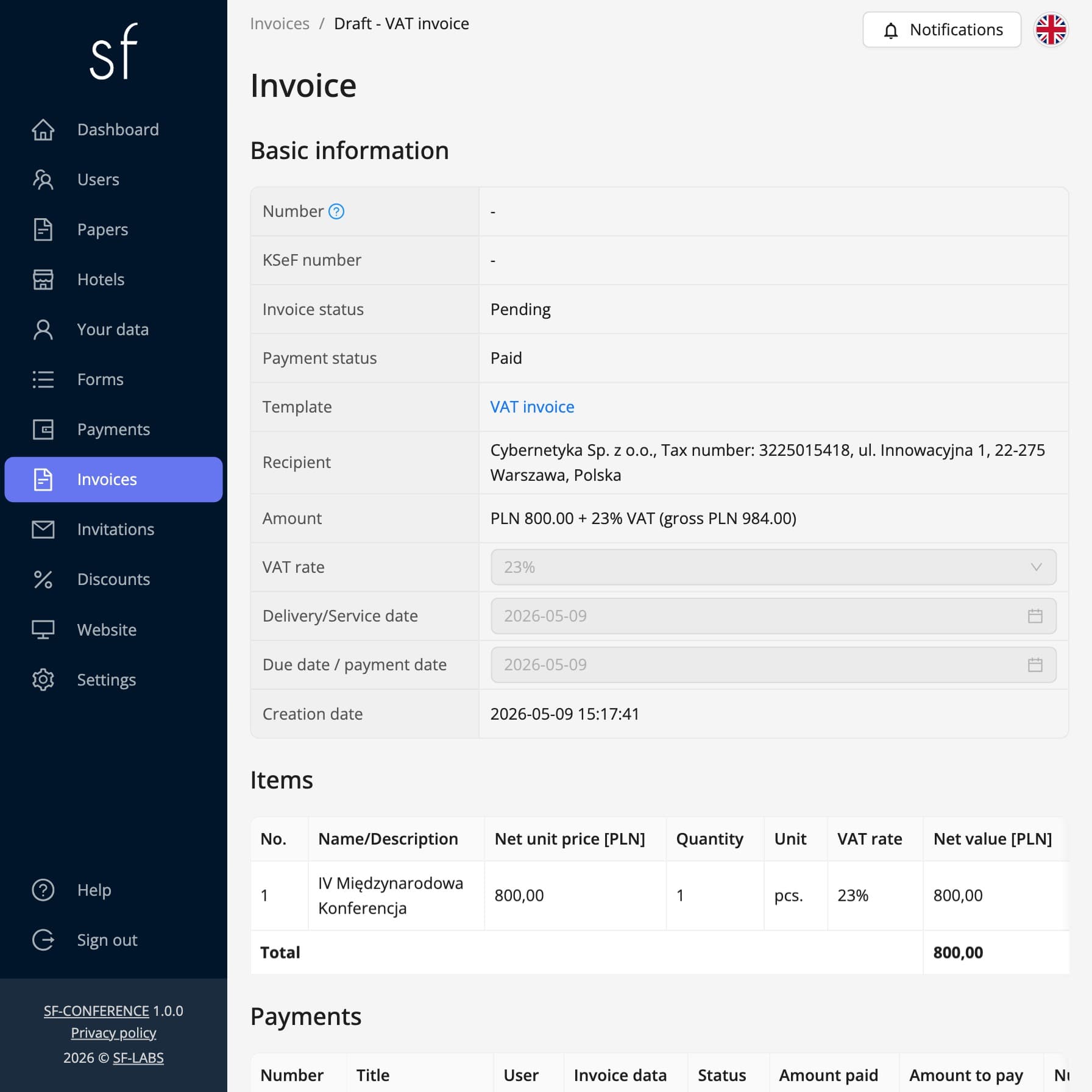 Invoice details page (fictitious data)