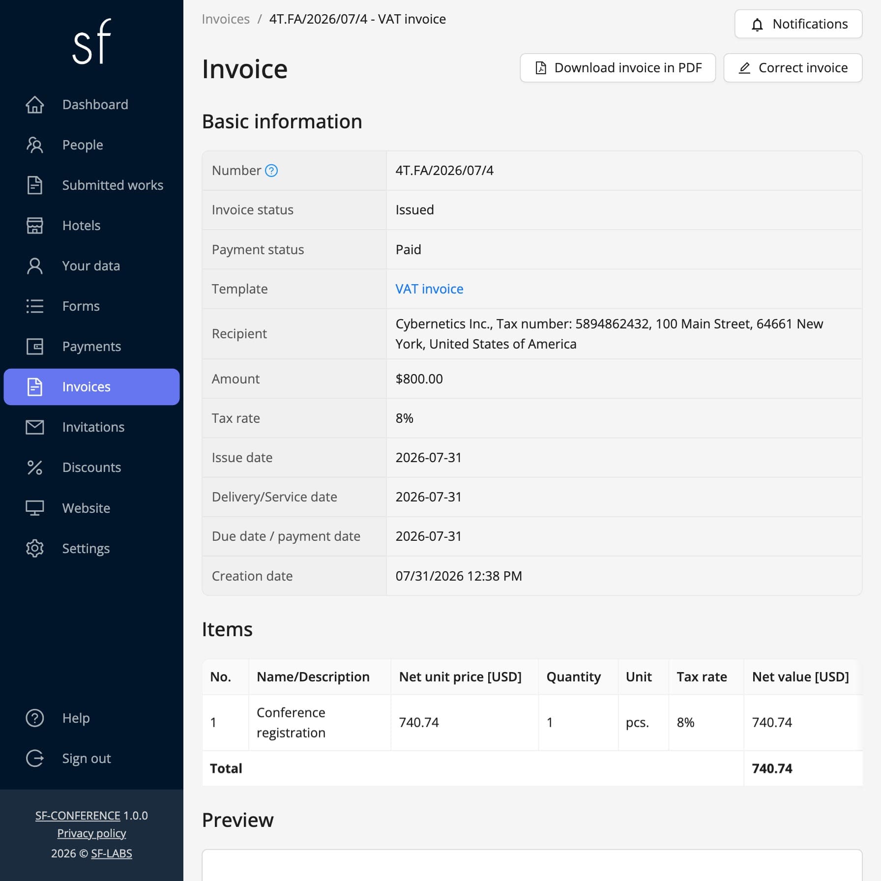 Sample invoice in the organizer panel (fictitious data)