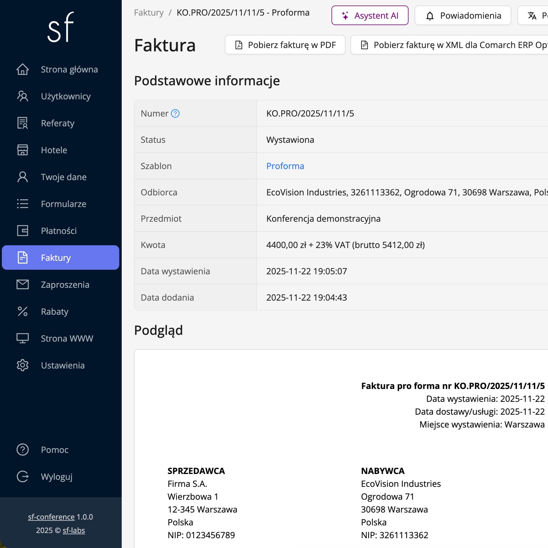 Strona ze szczegółami faktury (dane fikcyjne)