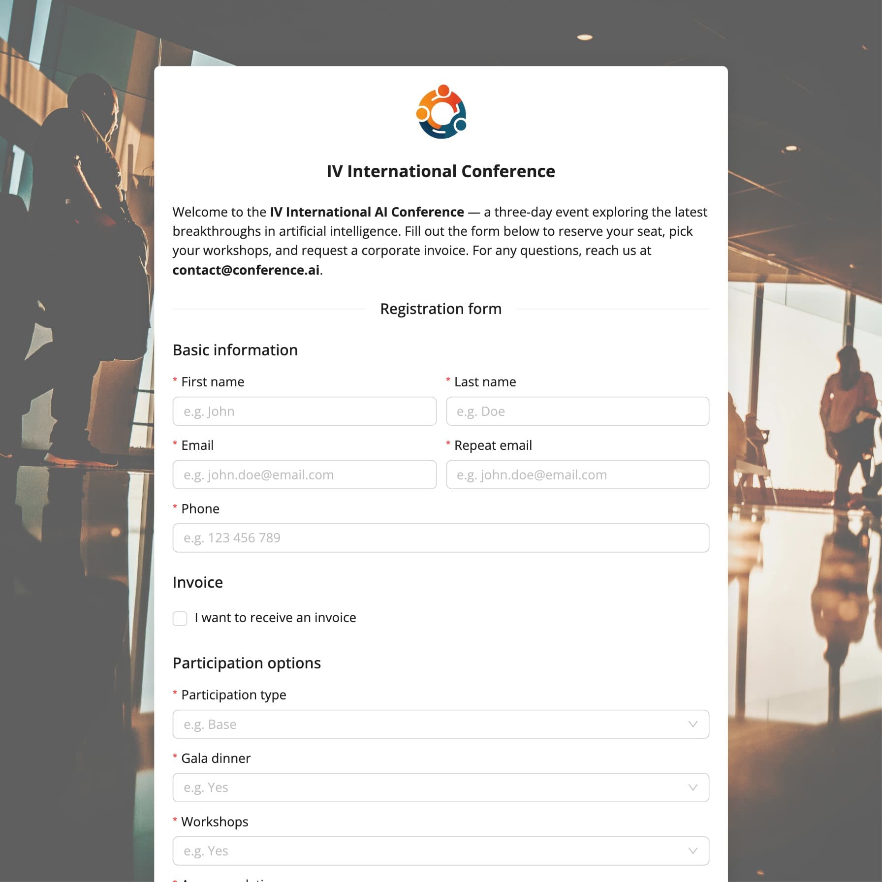 Sample registration form (fictitious data)