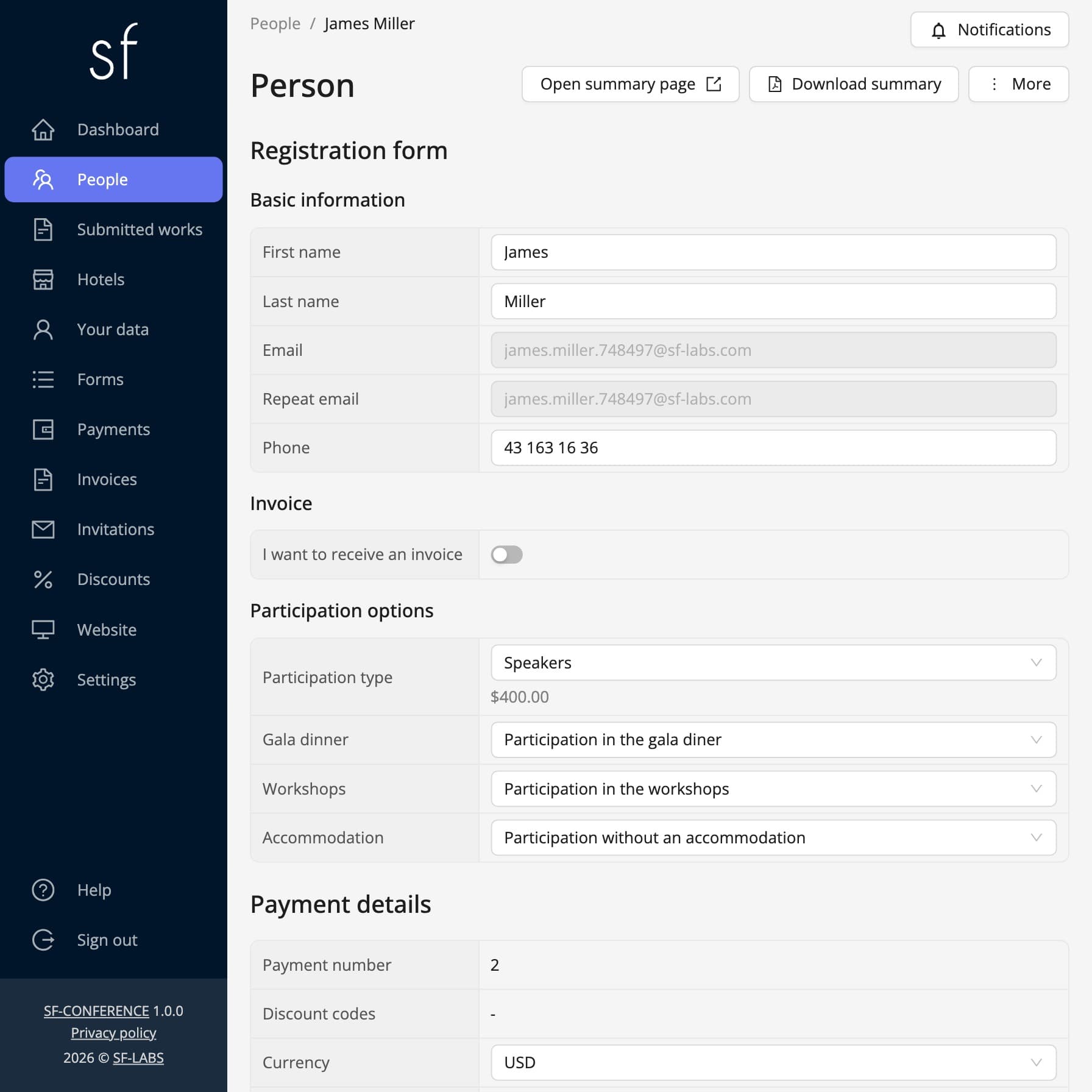 Sample attendee details in the organizer panel (fictitious data)