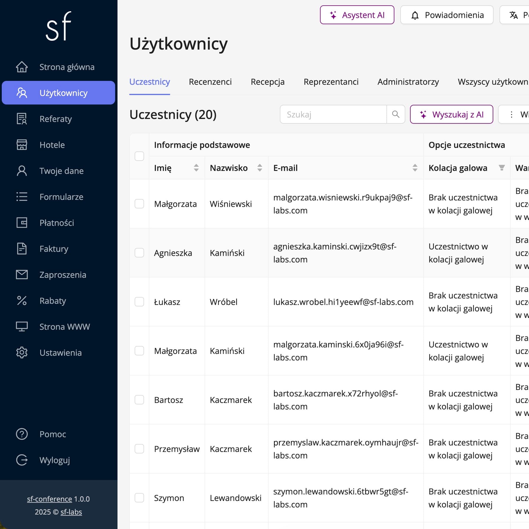 Tabela zarejestrowanych uczestników (dane fikcyjne)