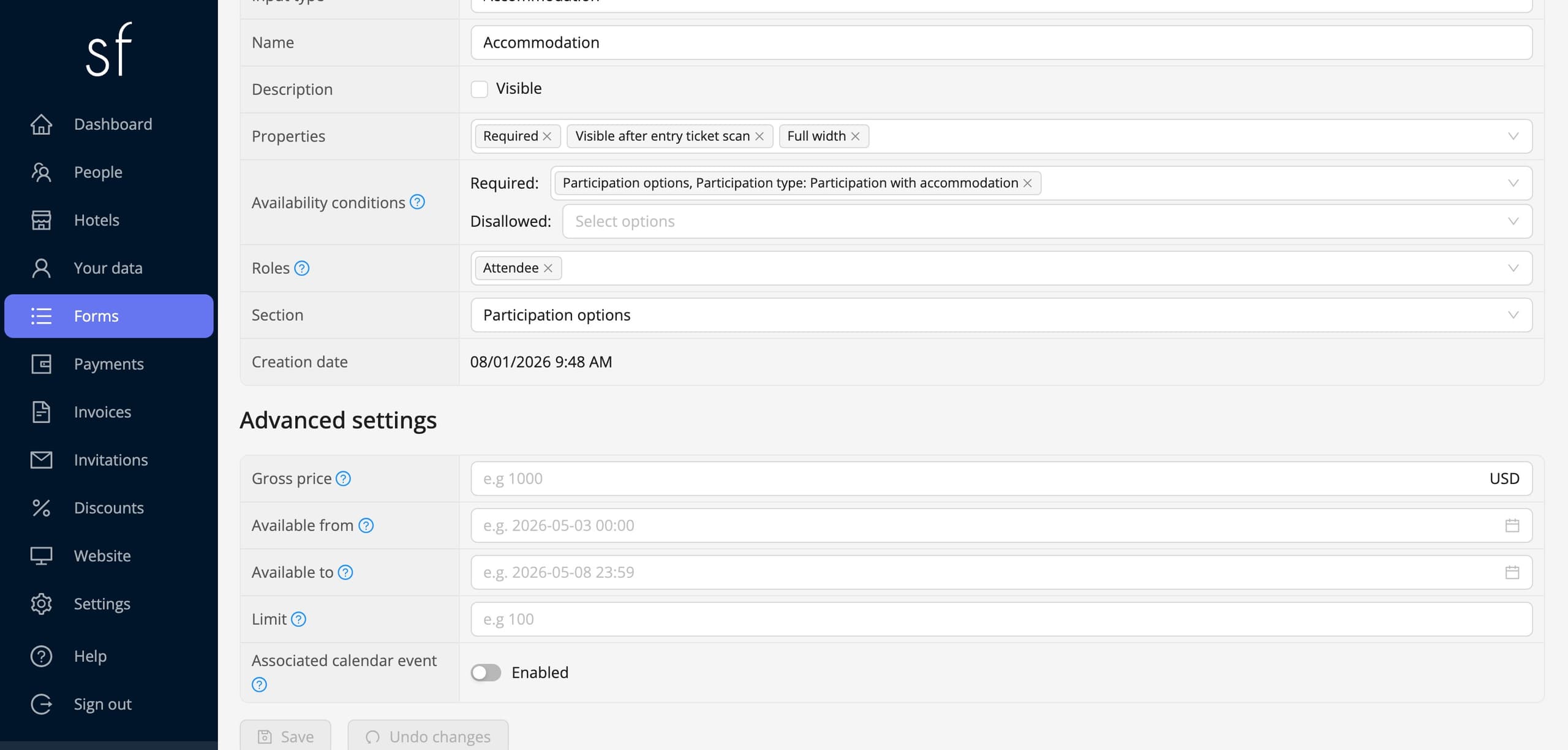 The availability condition on the accommodation field (fictitious data)