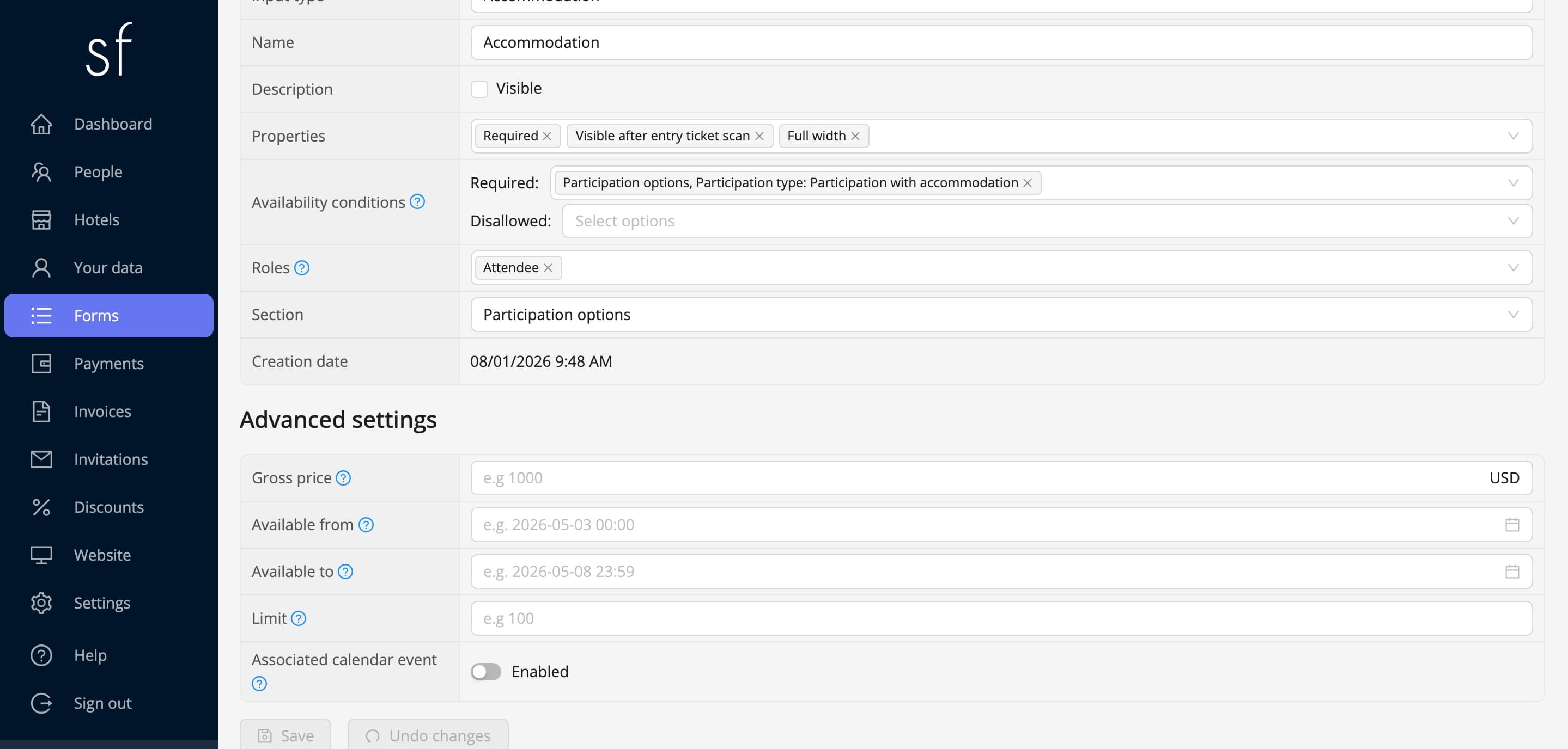 The availability condition on the accommodation field (fictitious data)