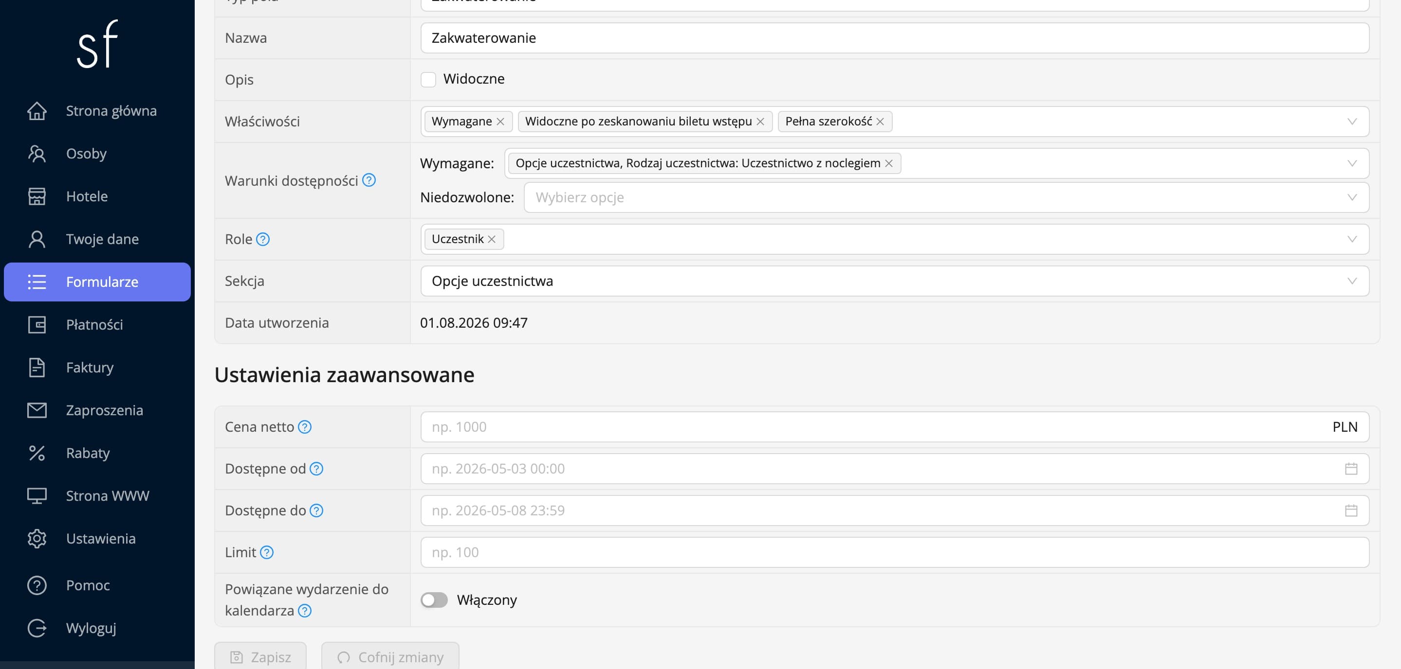 Warunek dostępności pola zakwaterowania (dane fikcyjne)