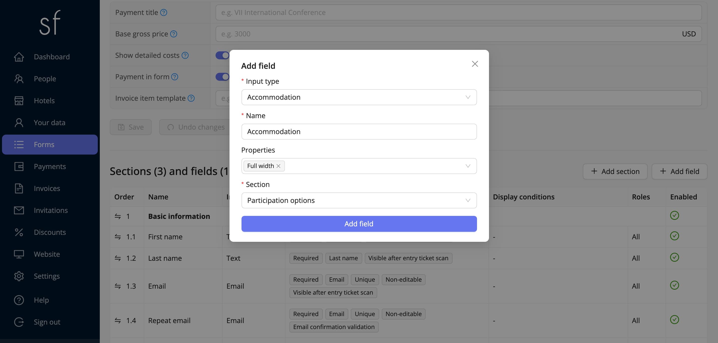 Adding an “Accommodation” field to the form (fictitious data)
