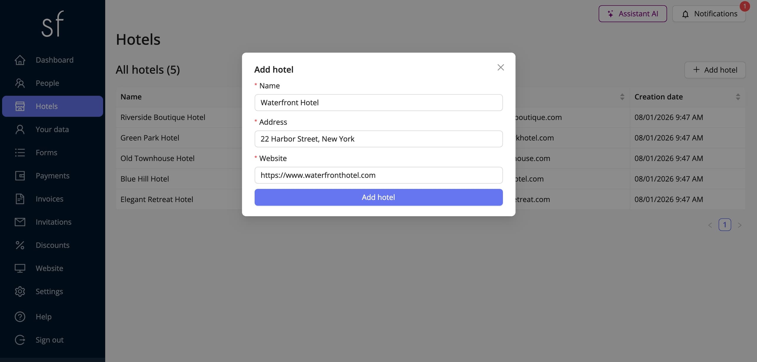 The add hotel form (fictitious data)