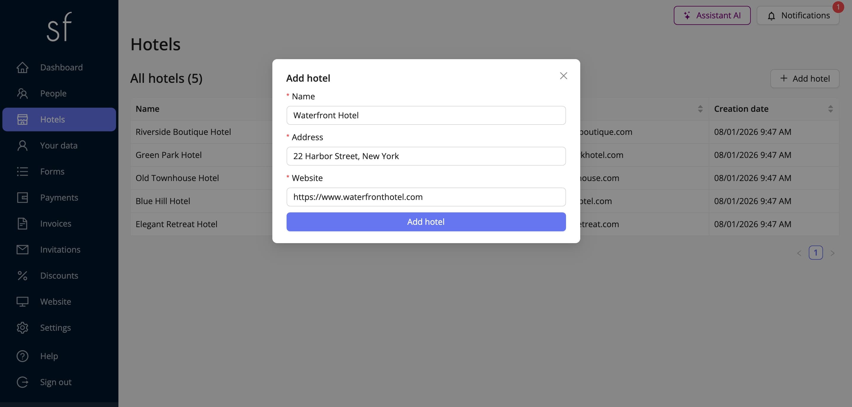 The add hotel form (fictitious data)