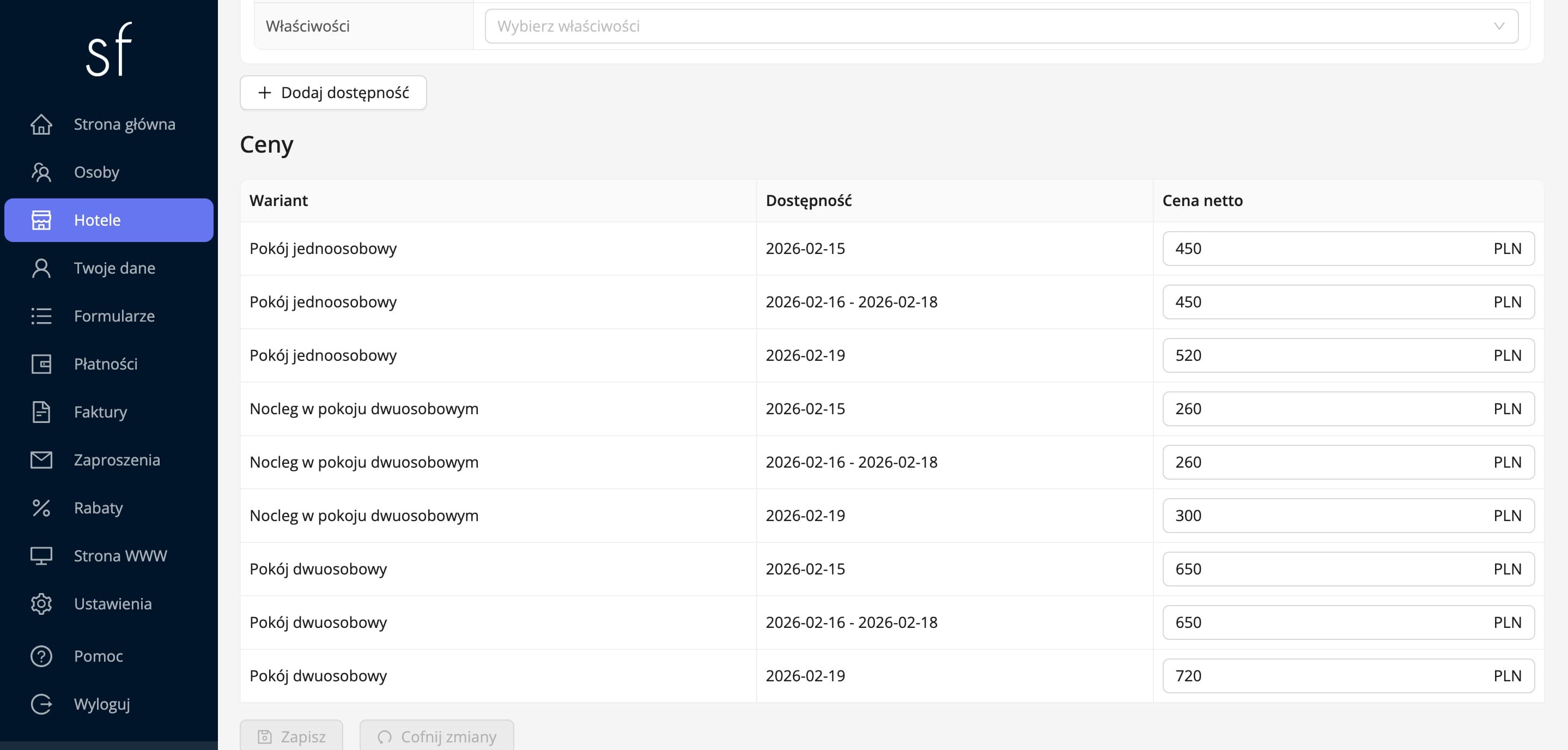 Tabela cen łącząca każdy wariant z każdym terminem (dane fikcyjne)