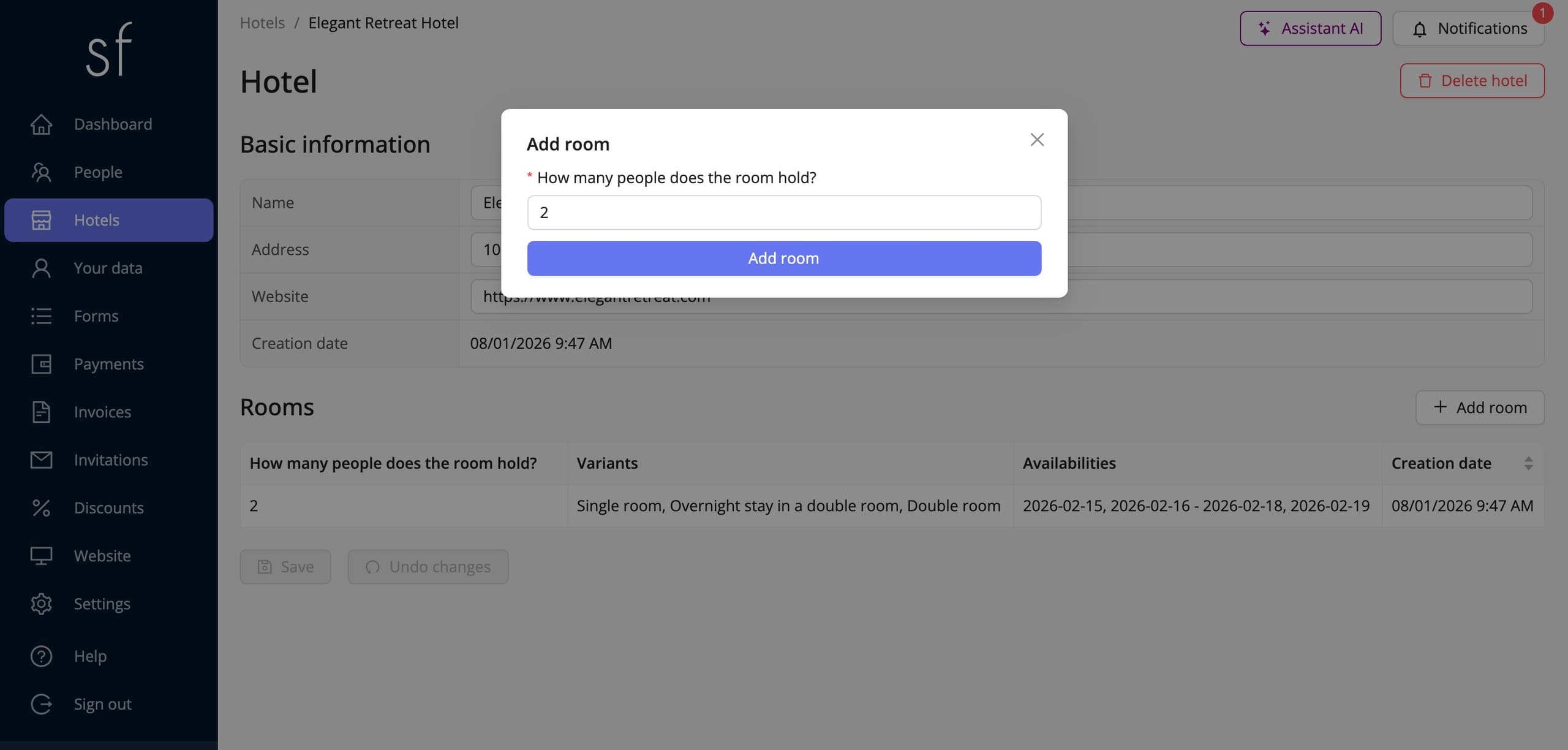 Adding a room to a hotel (fictitious data)