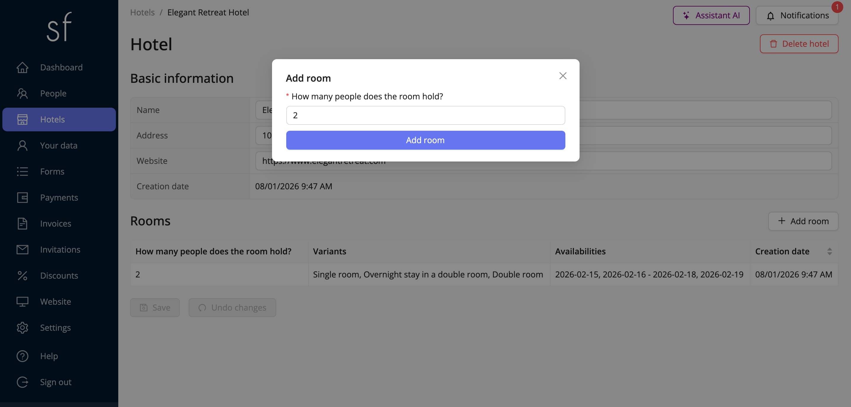 Adding a room to a hotel (fictitious data)