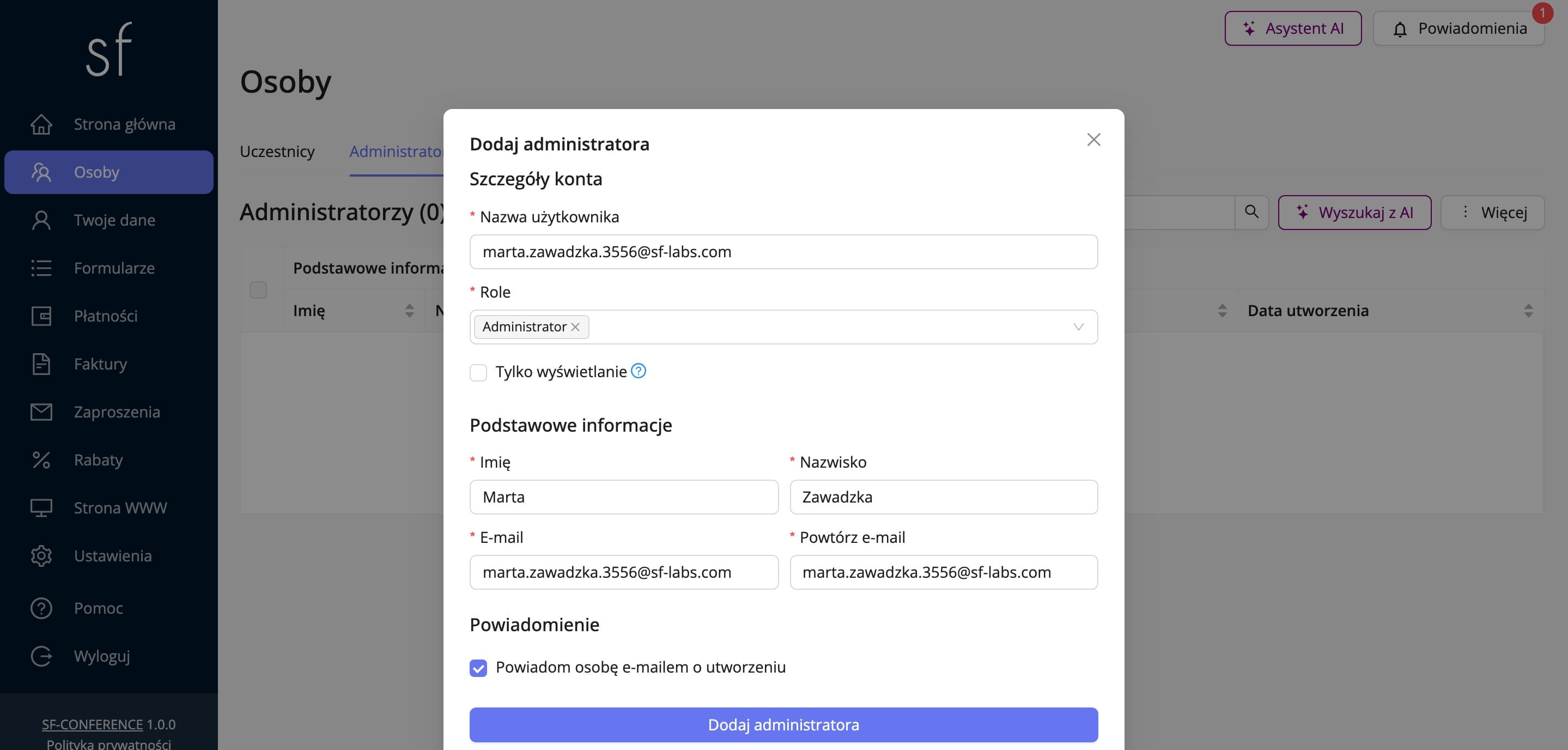 Formularz dodawania administratora (dane fikcyjne)