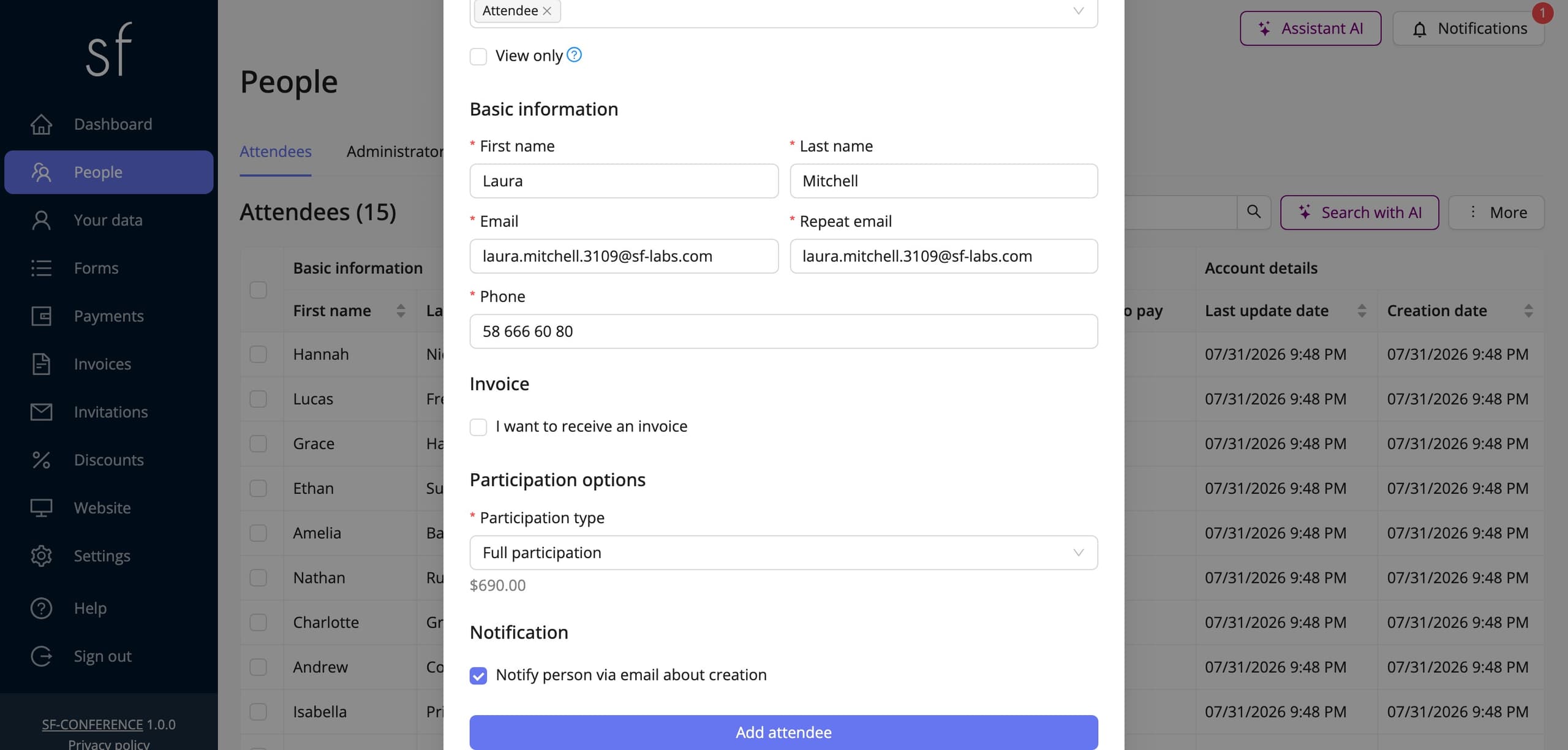 The partially filled new attendee form (fictitious data)